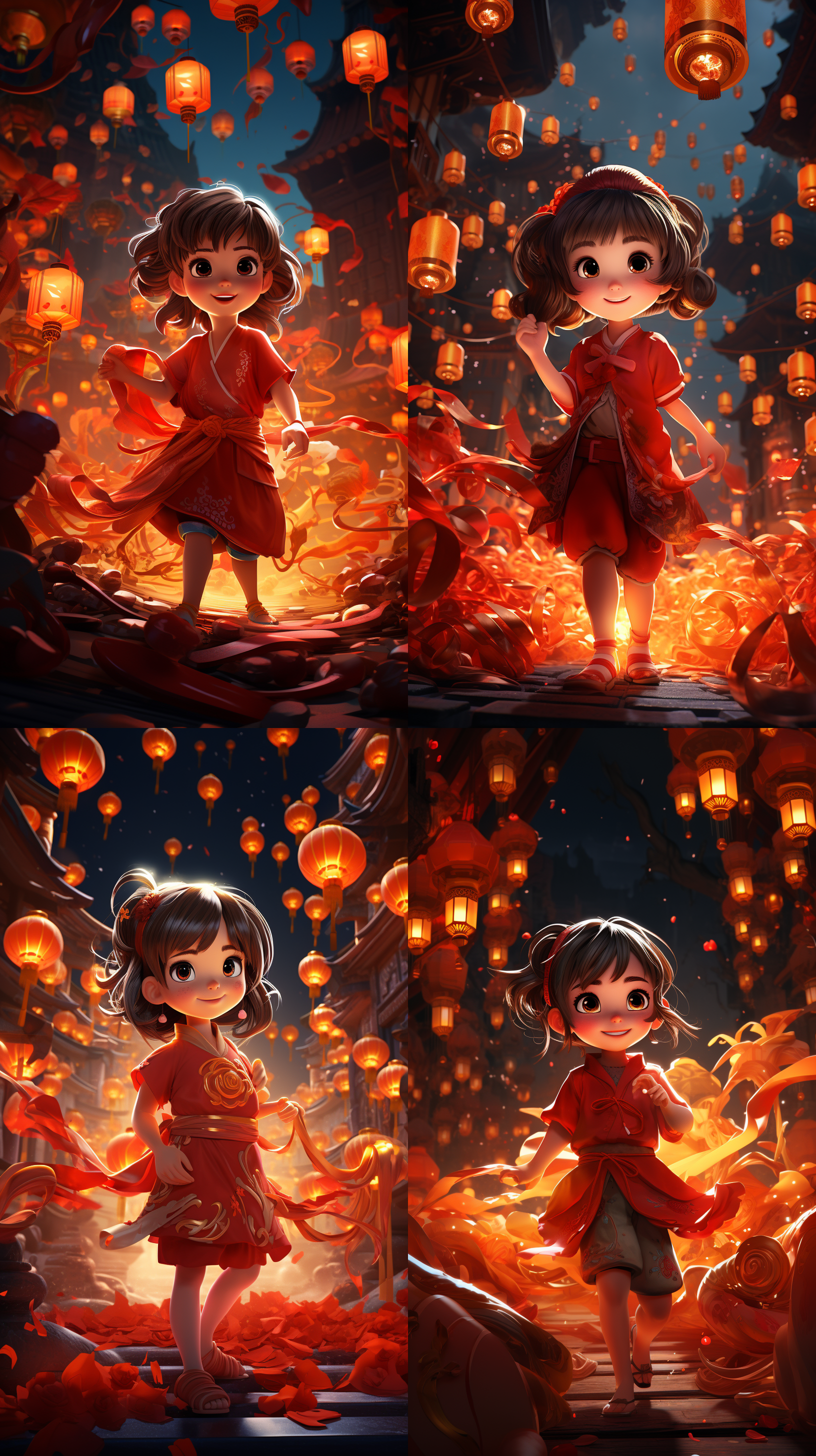 穿唐装小女孩 ，对角线布局，节日氛围，红灯笼，猜灯谜，红色中国元素，幻想，鲜艳色彩，锐利对比，高饱和度。中国图形插图，体积光，8k分辨率，高细节，超高清。