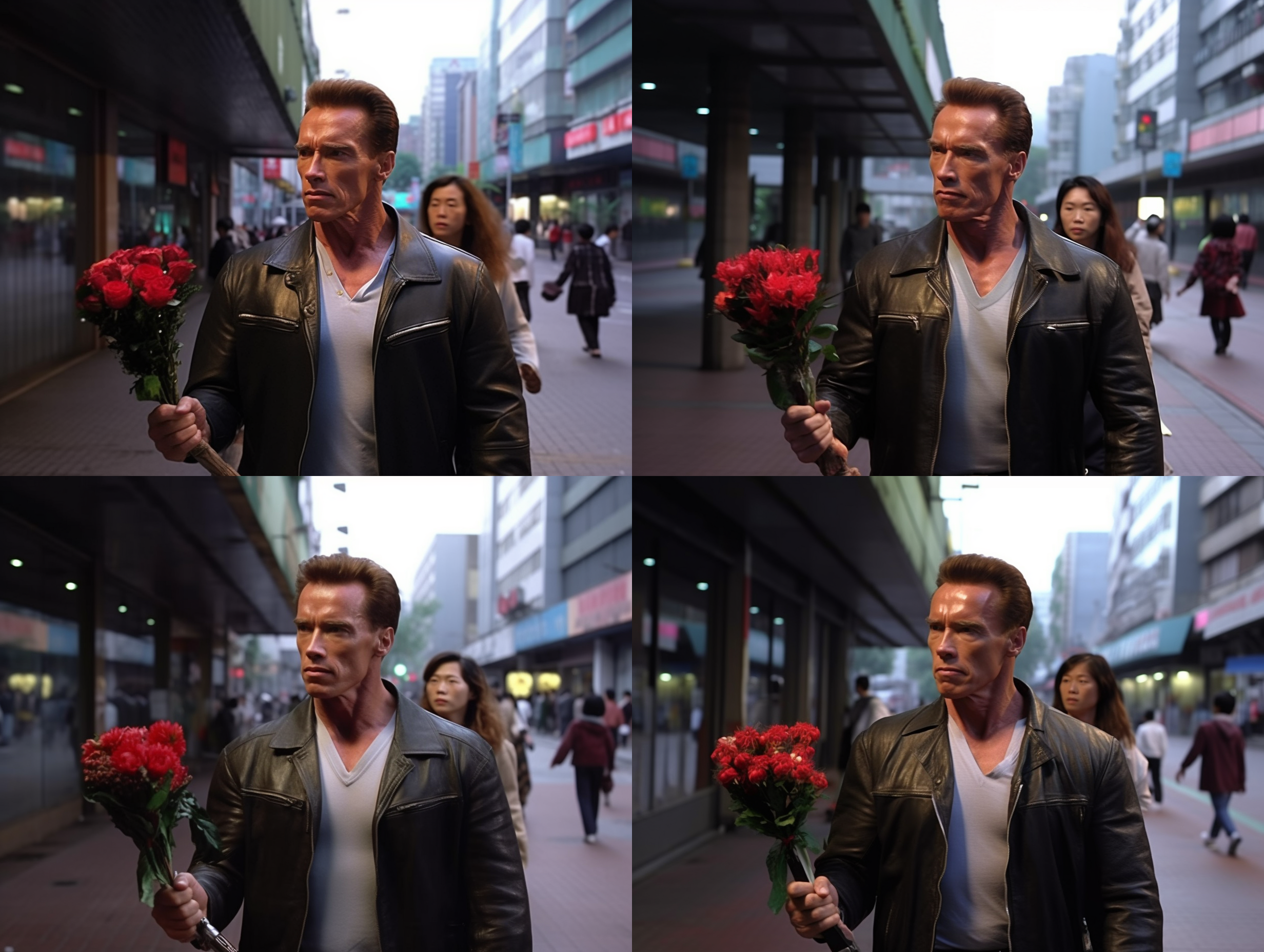 arnold schwarzenegger holds flowers in his hand, smiles and wears a suit while walking on the streets of taikoo li, chengdu. the streets are full of beautiful chengdu girls.