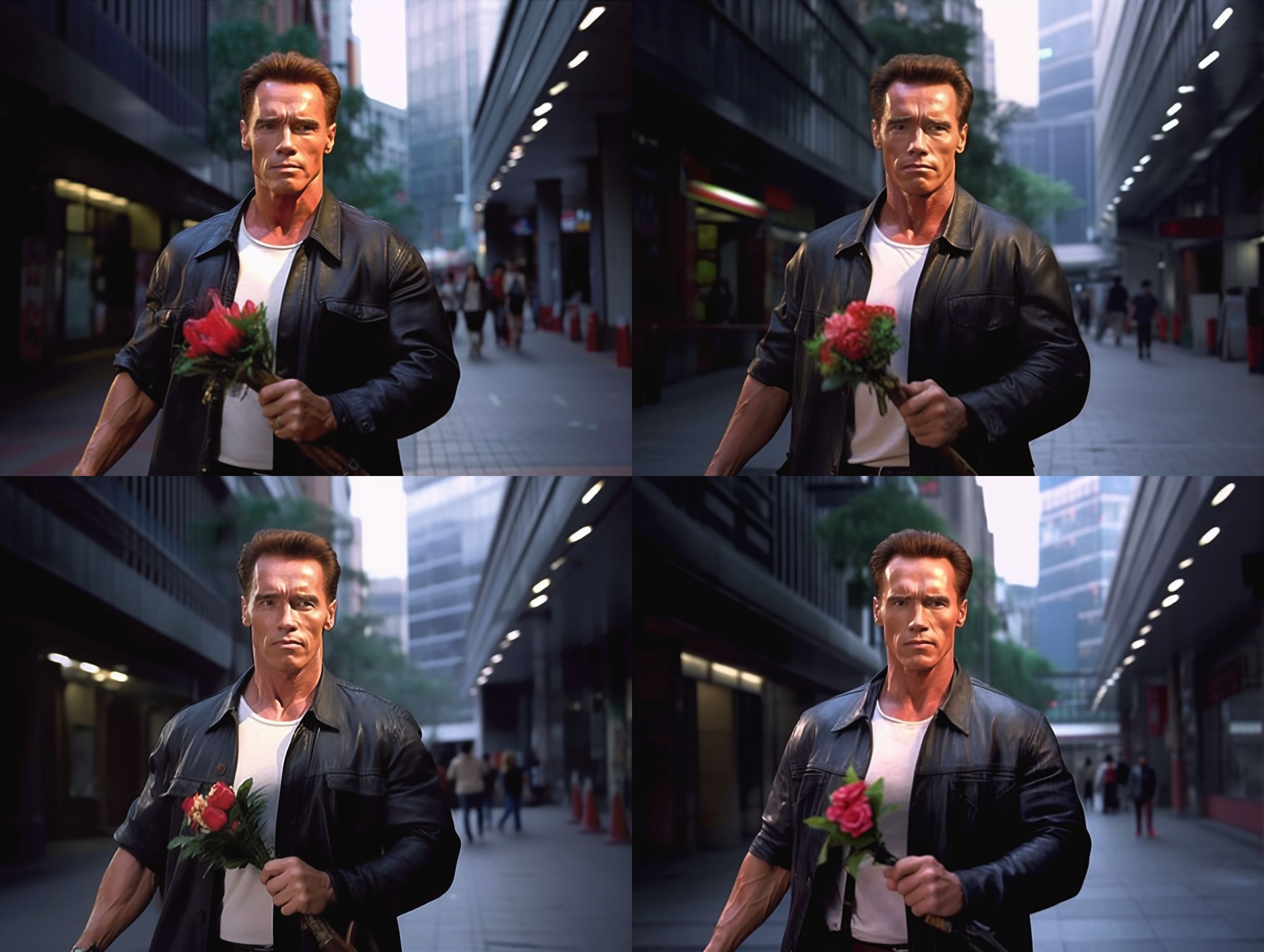 arnold schwarzenegger holds flowers in his hand, smiles and wears a suit while walking on the streets of taikoo li, chengdu. the streets are full of beautiful chengdu girls.