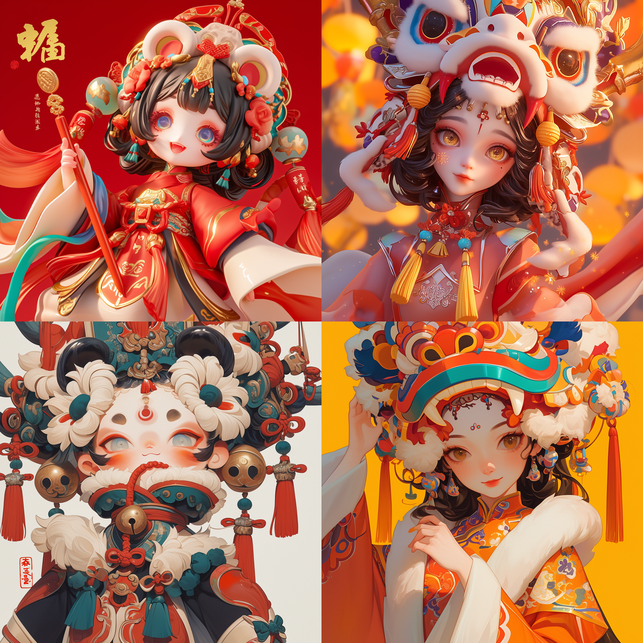 绵竹年画娃娃, 喜庆, q版, 明亮色彩, 镜头特写, 笑容, 传统服饰, 欢快动作, 丰富细节, 欢乐氛围。