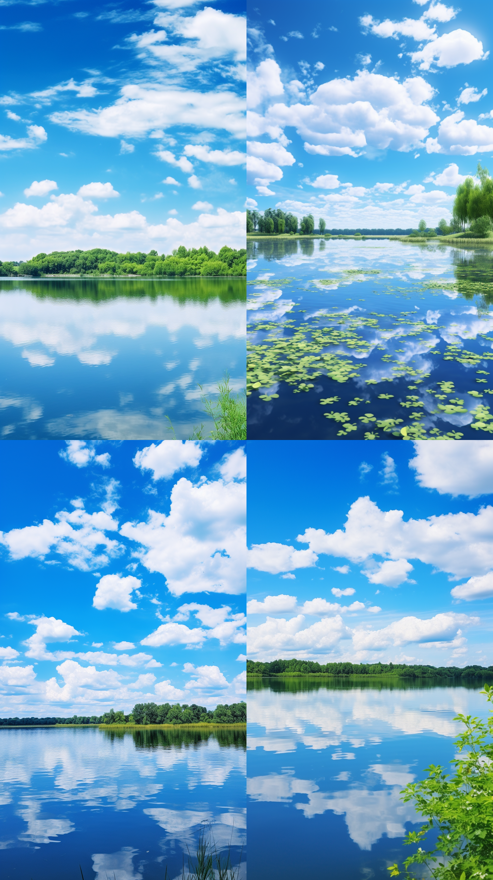 朝阳，蓝天白云，近景有平静湖面，有倒影，湖边有树，灌木，色彩明亮，8k高清，饱和度高