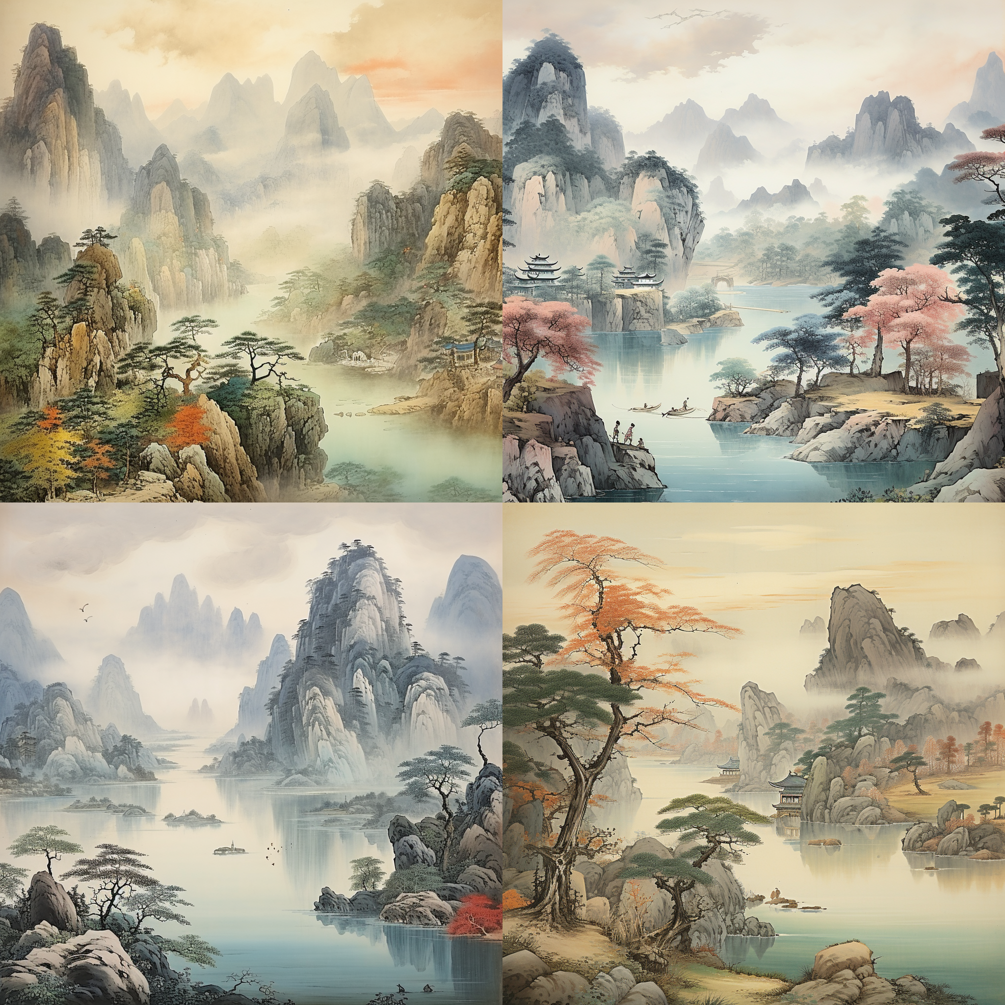 中国古典山水画，整体风格写意但局部用工笔风格，平芜尽处是春山，意境深远，广角横向景深，远景人物点缀，比例协调的花草树木，自然动物，唯一太阳，完美人物、花鸟树木。