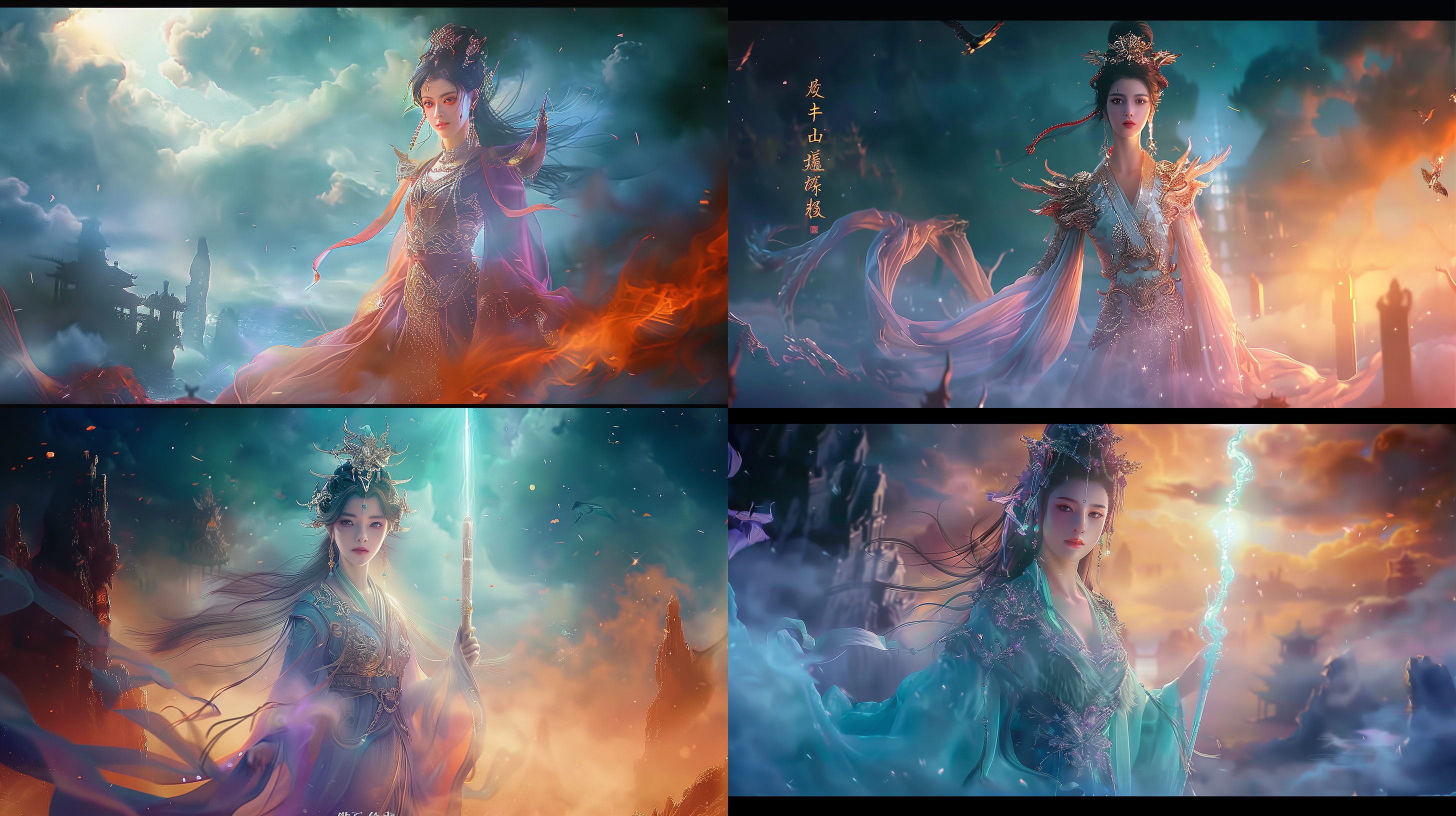 黄酒材质的衣服，飞天风格，细节突出，中国神话元素，柔和色调突出气质，清晰精致的五官，逆光，高细节度，神秘氛围，飞天造型，古建筑遗迹，金黄色调，肖像镜头，逆光效果，悬浮动作，神秘，神圣，线条流畅如水。