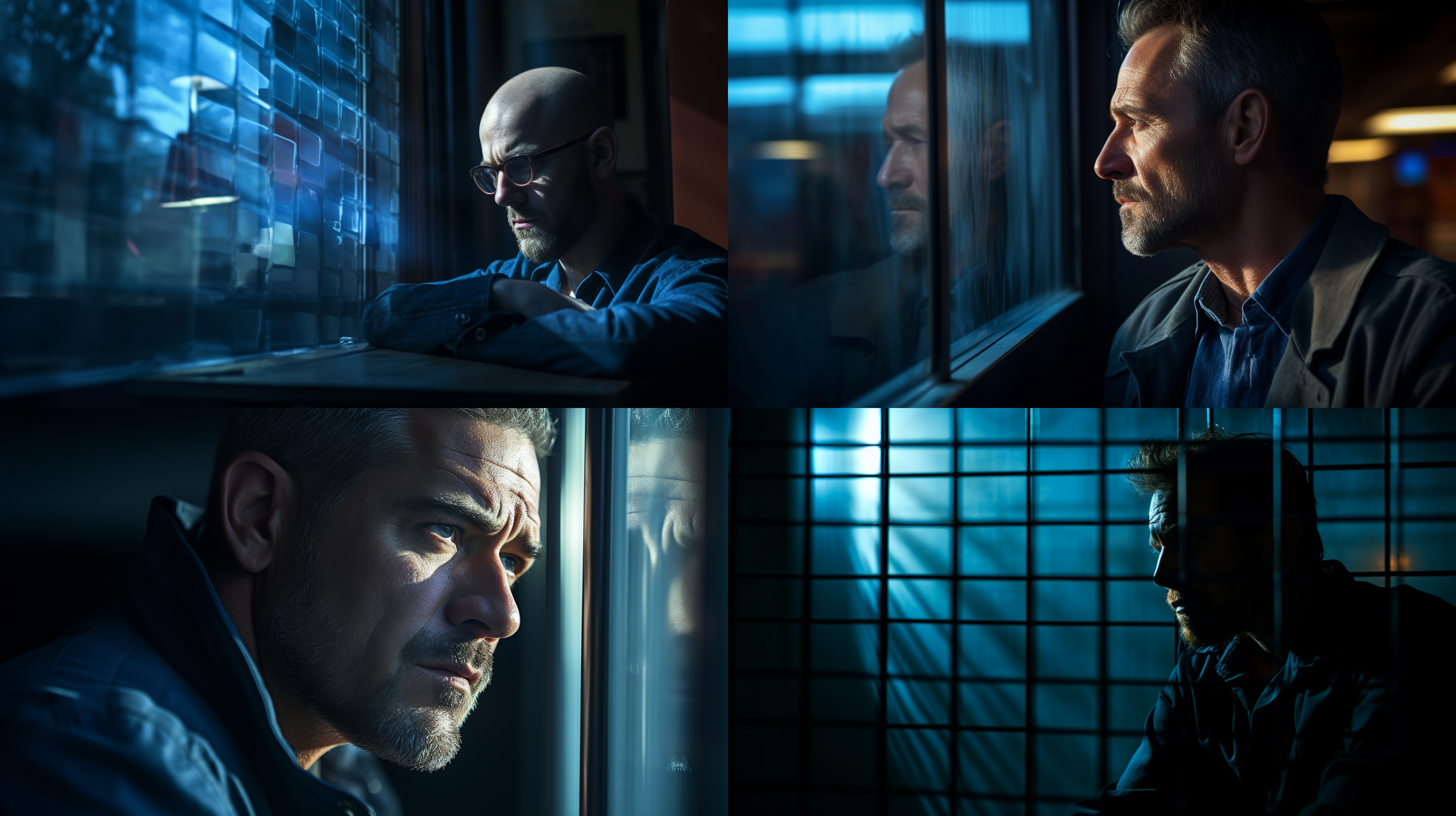 40岁男人，决绝表情，窗外景色，逆光，现代景象，窗框构图，长焦镜头，高对比度，阴影与明亮的交错，城市风景，蓝色调，思考。