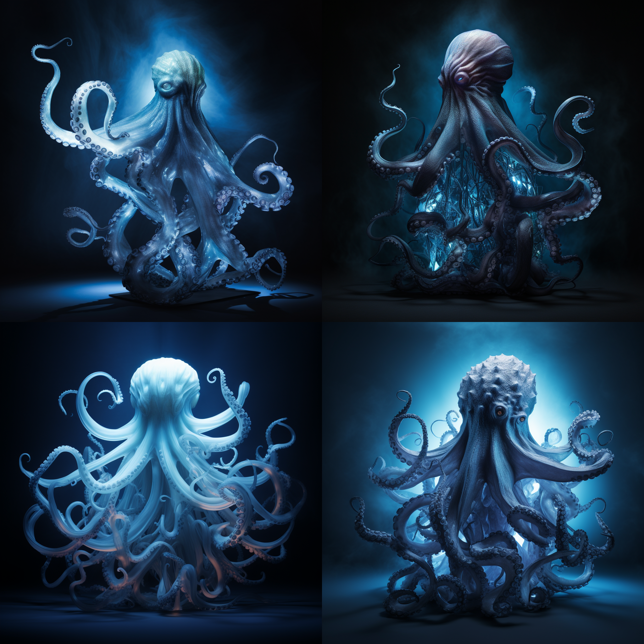 八爪鱼雕塑装置，独特灯光效果，抽象艺术，黑暗背景，聚光灯，多角度拍摄，纹理细腻，动态曲线，神秘氛围，蓝色调，舞动。