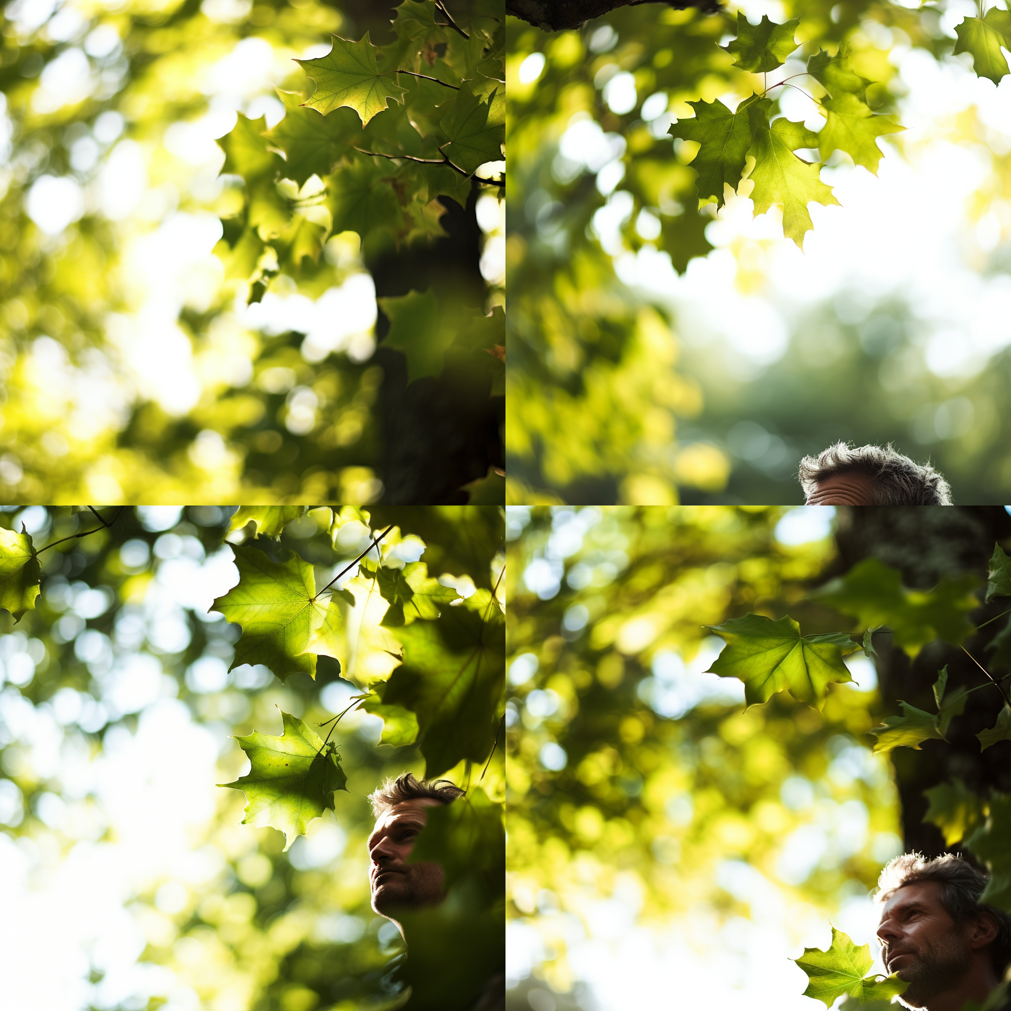 中年男人思考，抬头凝视，户外自然风景，柔和光线，中焦镜头，自然肖像，绿色植物，沉思，平静。