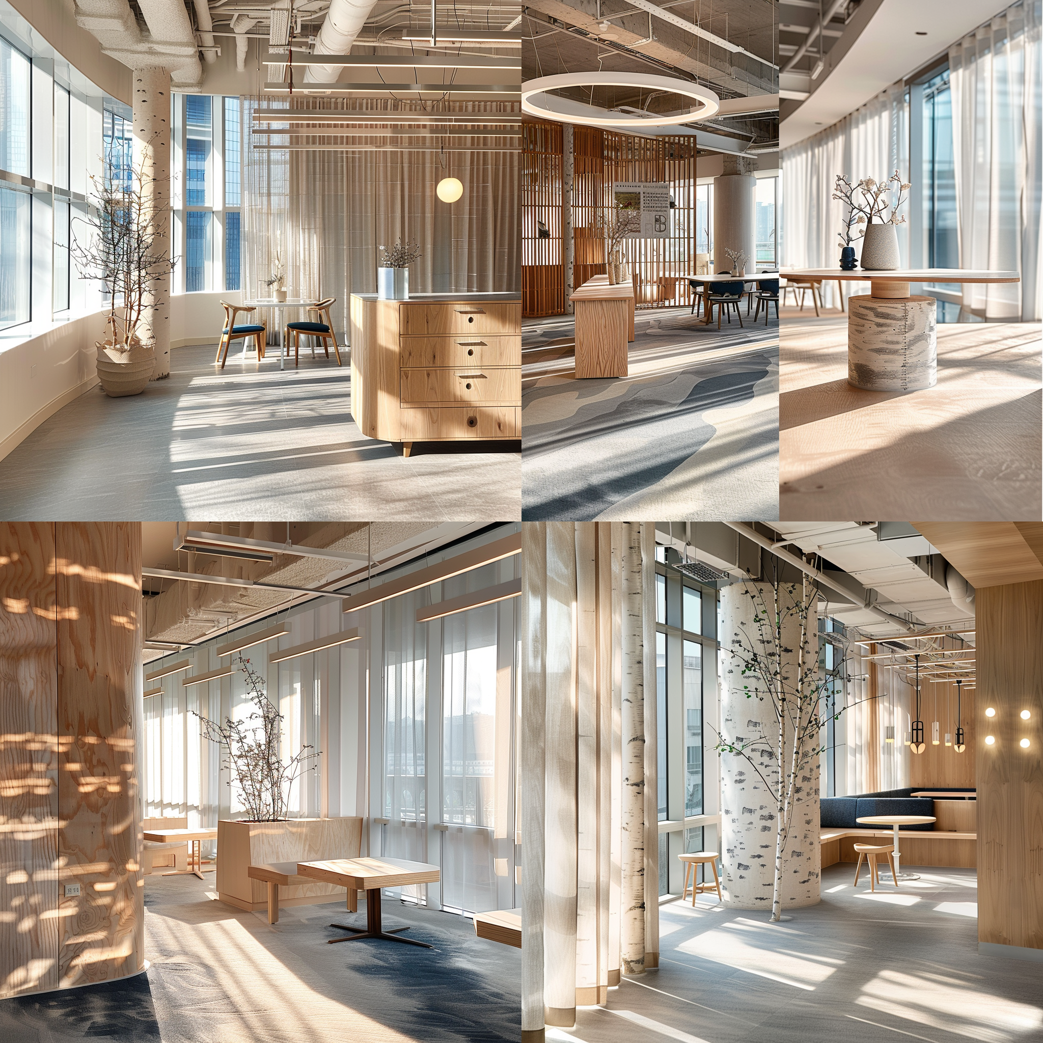 日光照射在细致的桦木家具上，高清画质展现日景美景。整体参看前三张图效果，融合在第四张图中，保持纸结构不变动。明亮，温暖色调，自然光，木质纹理，静谧。