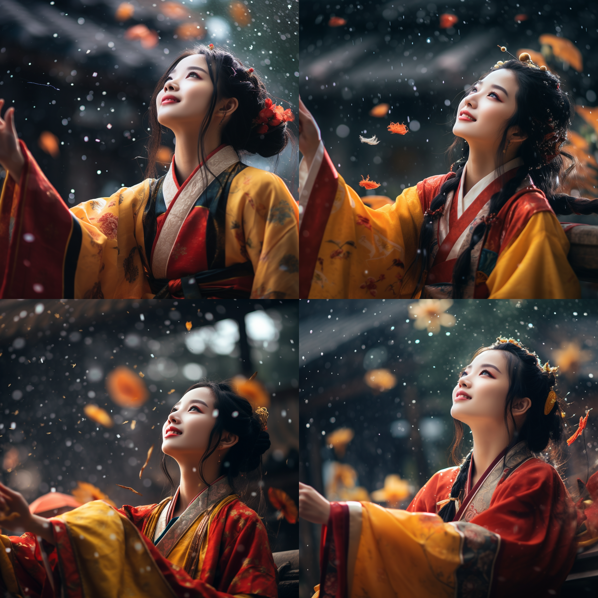 中国女士仰头看天空，雨中飘带，活泼可爱，战国袍，真实风格，煮茶，彩色，户外，长焦镜头，抓拍，细雨纷飞，快门速度。