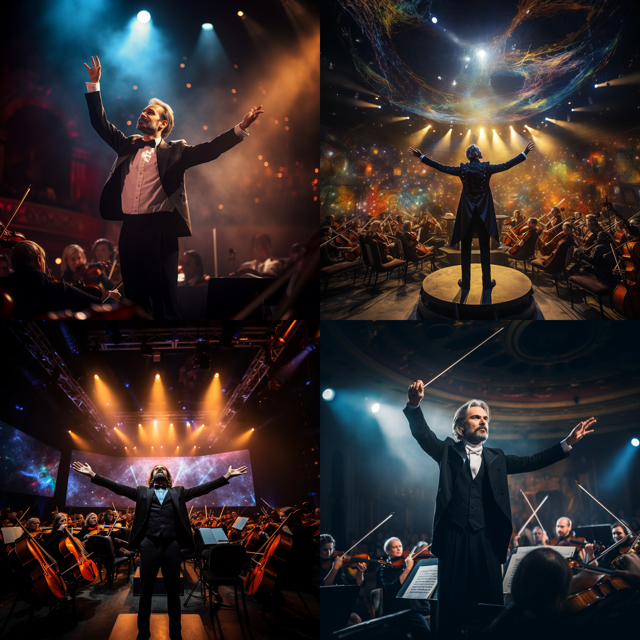 指挥家指挥乐团，舞台上，正中排布，明亮色调，长焦镜头，正脸光，细节表情，激动，充满活力。