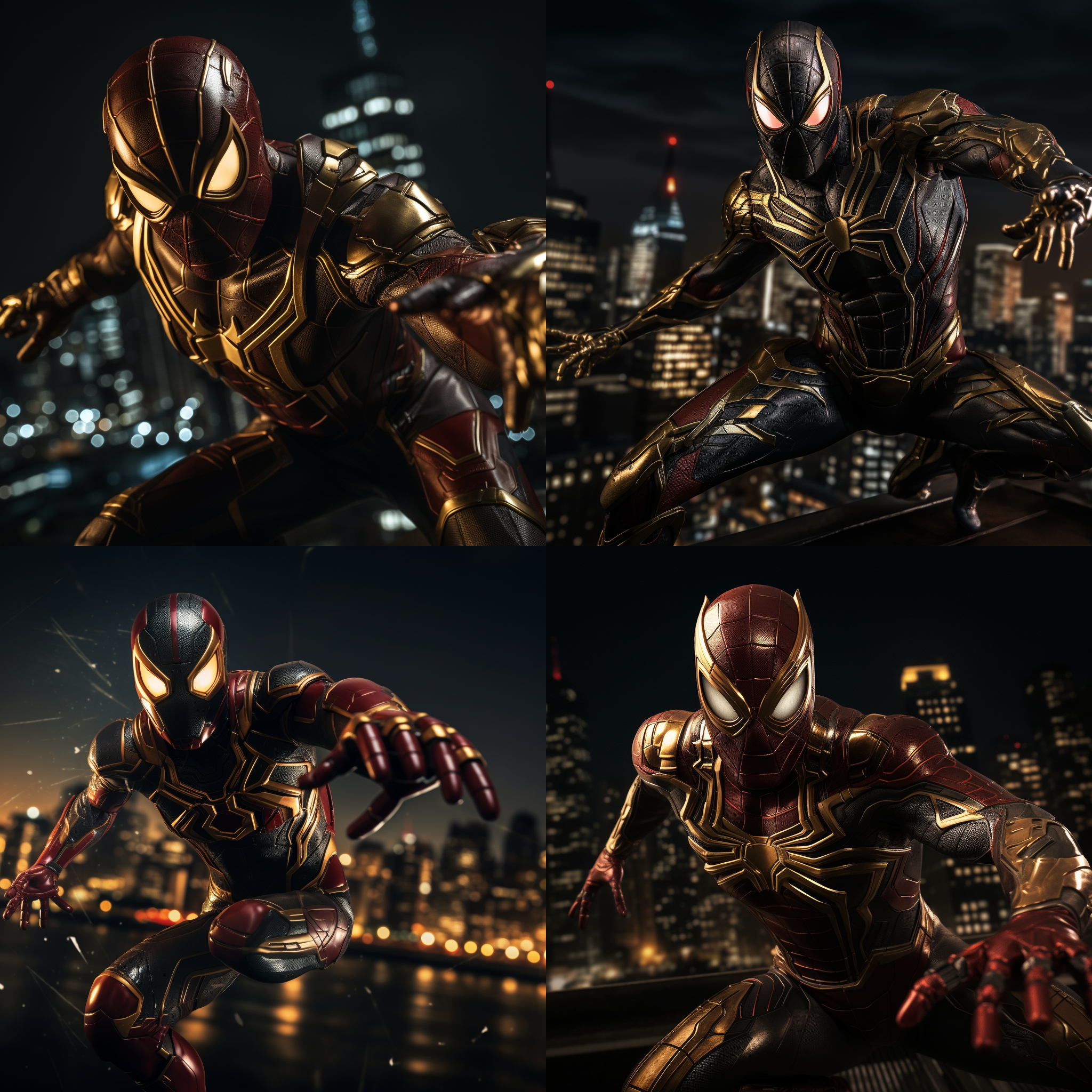 钢铁蜘蛛侠，城市天际线，暗色调，长焦镜头，夜晚，动感，飞跃，机械感，金属质感，英雄主题。