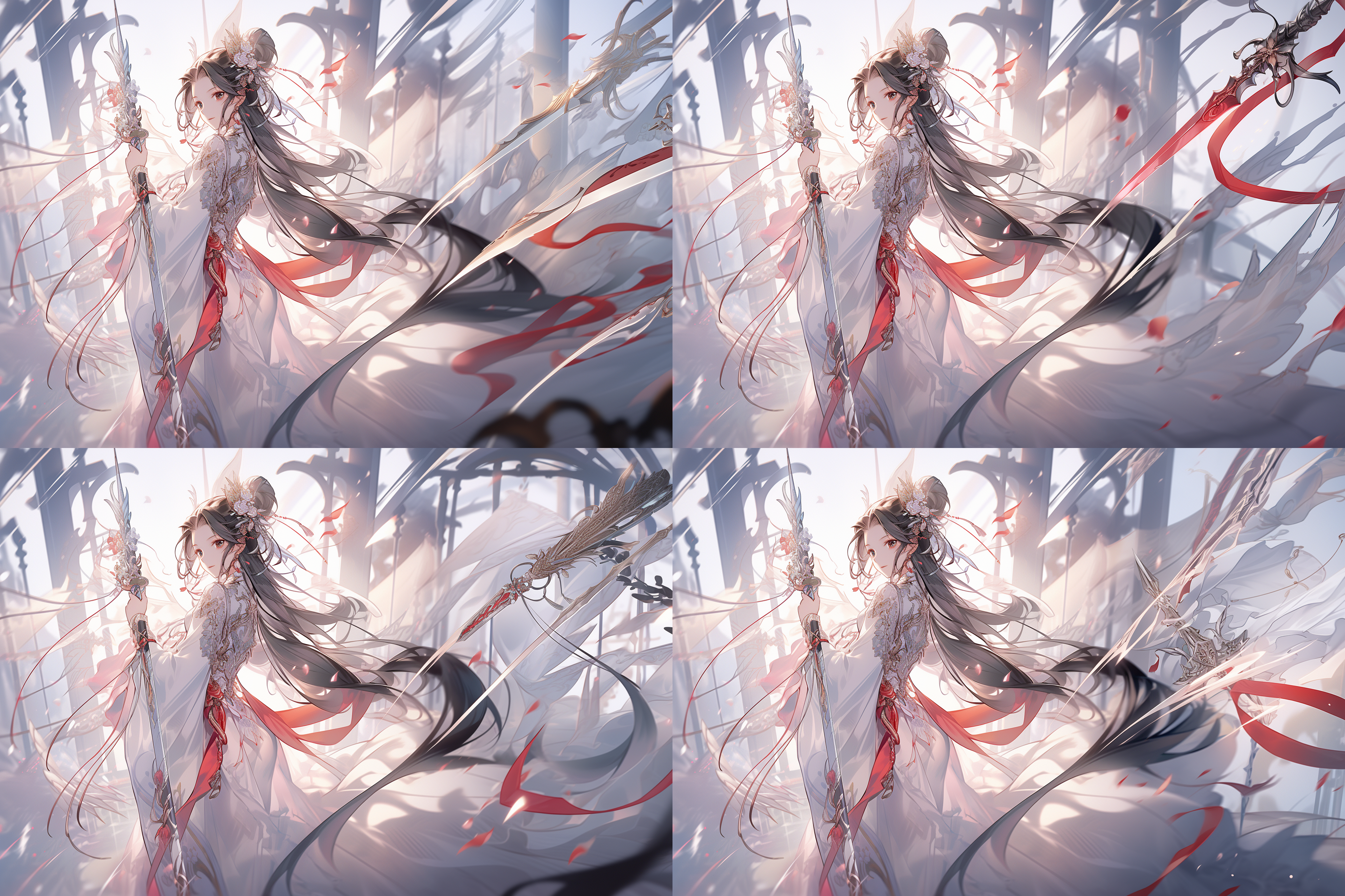 国风女孩手持圣剑，手指细节，手部细节，长发仙气，大长腿丝袜高跟鞋，蕾丝白色服饰，微笑大眼睛，逆光拍摄，柔光，广角镜头，明亮色调，优雅动作，绚丽色彩 手持圣剑，逆光，柔光，广角镜头，明亮色调，优雅动作，绚丽色彩