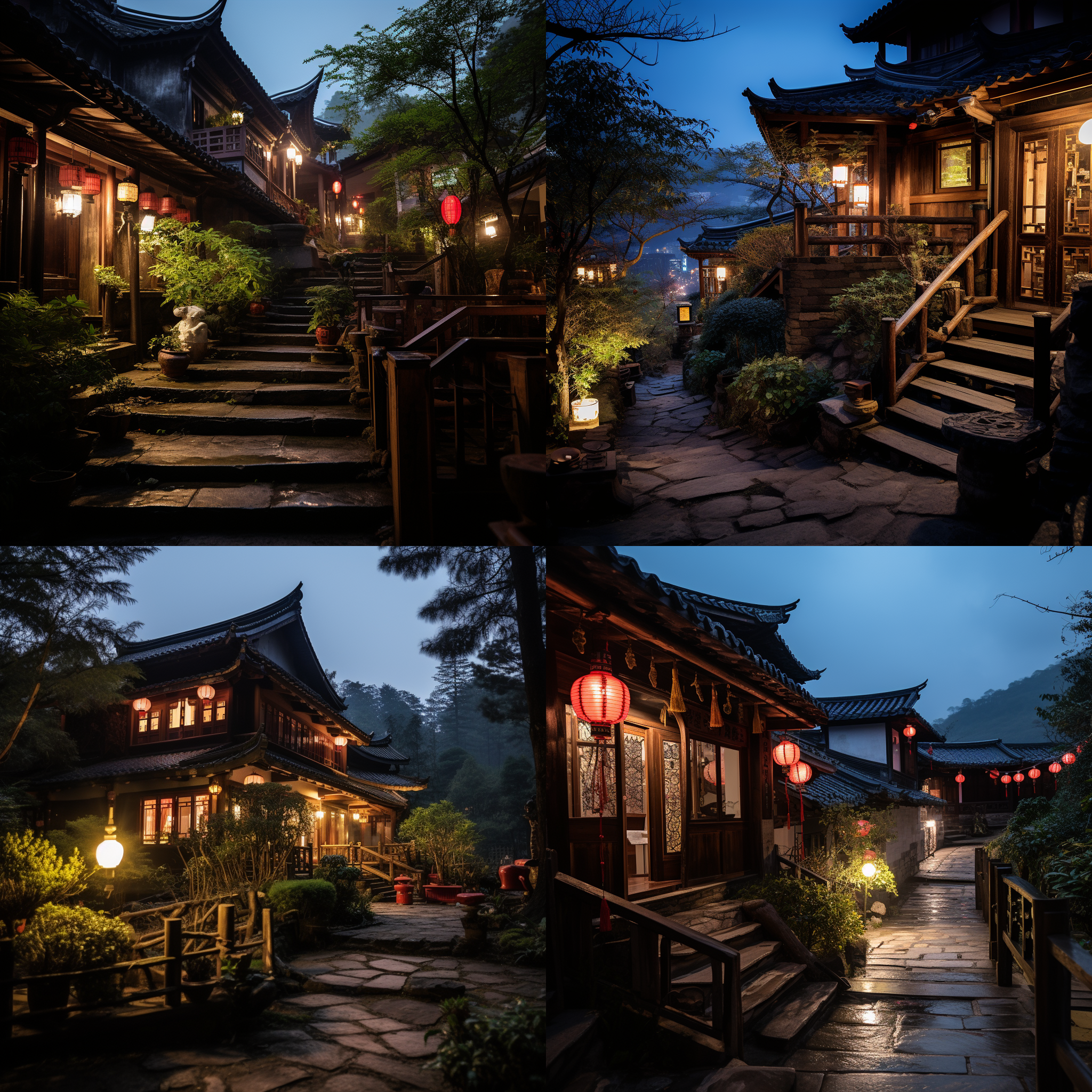 天台山古韻馨鄉道家民宿，夜晚的景色。在一座古色古香的道观前，一盏红灯笼高悬，映衬着青石小路。天空中星光闪烁，给整个场景增添了一丝神秘感。房屋的木质结构和古老的窗户透露出岁月的痕迹。在门口，一个身穿传统道袍的道士正在默默等待。夜色下的道家文化与自然景色完美融合，给人一种宁静和平和的感觉。天台山古韻馨鄉道家民宿，夜晚的景色。在一座古色古香的道观前，一盏红灯笼高悬，映衬着青石小路。天空中星光闪烁，给整个场景增添了一丝神秘感。房屋的木质结构和古老的窗户透露出岁月的痕迹。在门口，一个身穿传统道袍的道士正在默默等待。夜色下的道家文化与自然景色完美融合，给人一种宁静和平和的感觉。