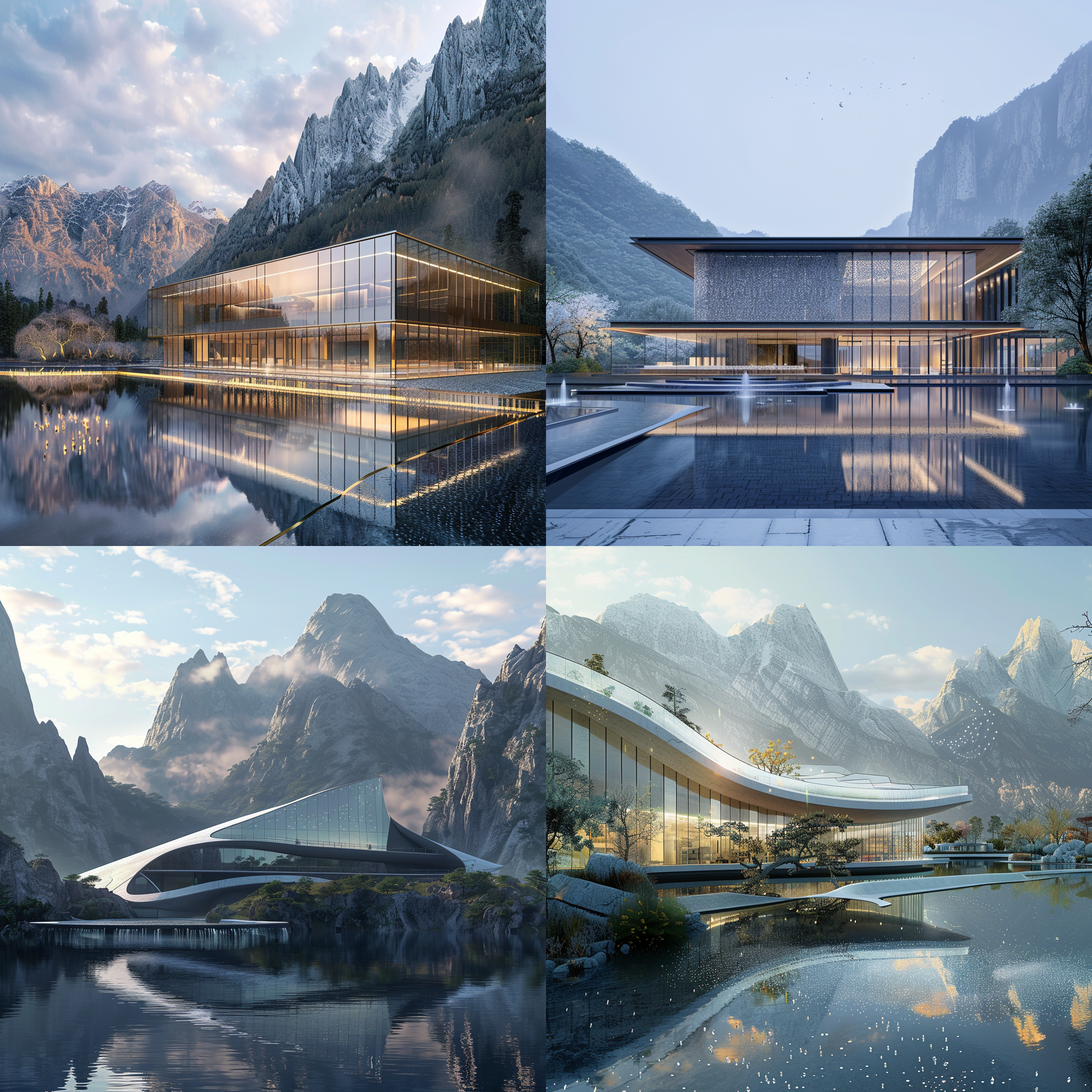 建筑设计在山野间里，以水滴的外形为主题。构图对称且简洁，风景宜人，拍摄使用8k超高清技术。建筑物呈现现代风格，玻璃幕墙反射周围的自然景色。太阳光线柔和而温暖，给整个场景增添了生机和活力。