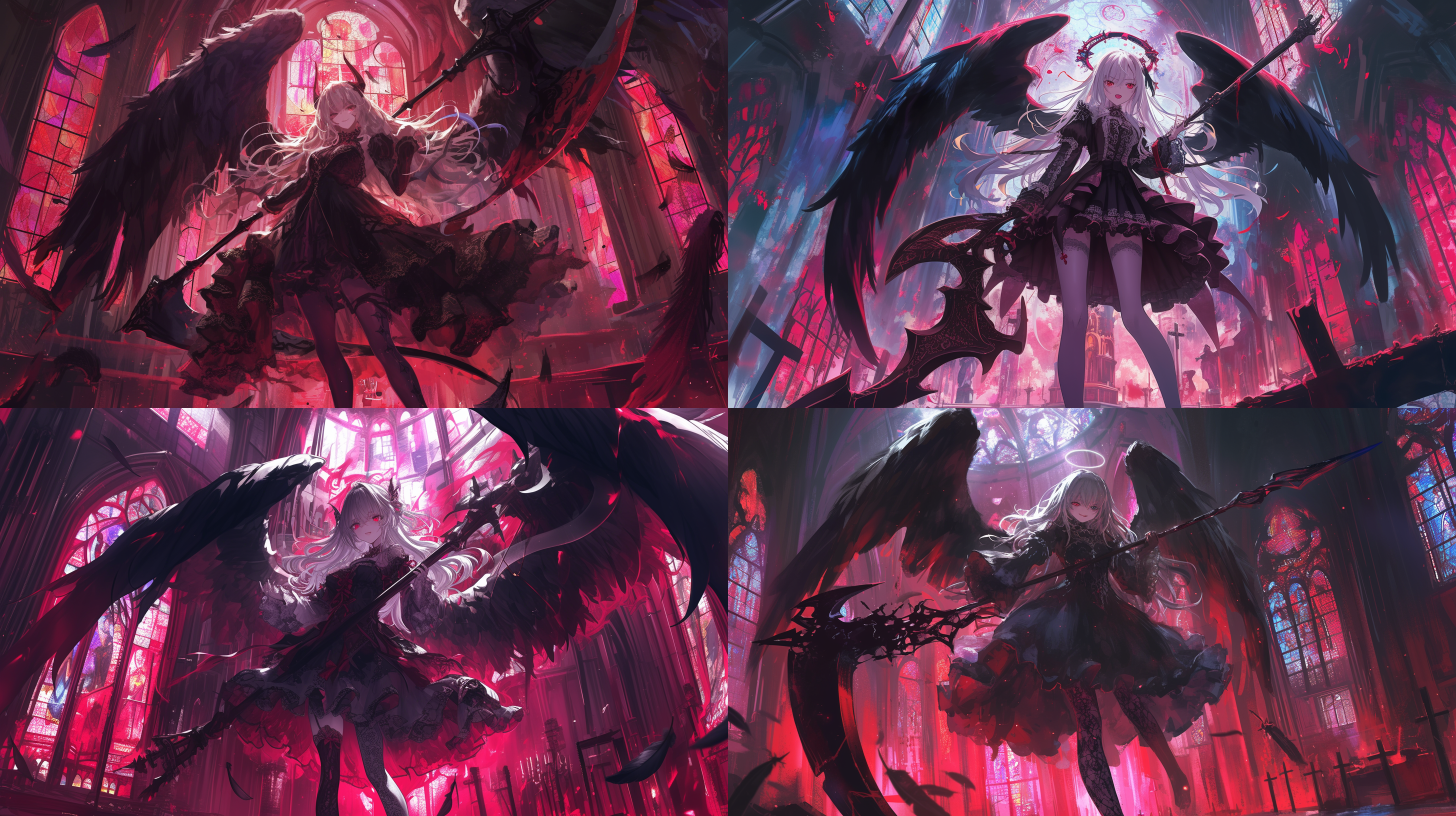 女堕天使手持镰刀，黑色的羽翼，病娇兴奋的表情，身着蕾丝礼服和淡紫色花纹丝袜，站在教堂中，背景是红色调的彩绘玻璃。她拥有邪恶的气息，白色长发随风飘扬。高对比度，广角镜头，侧光