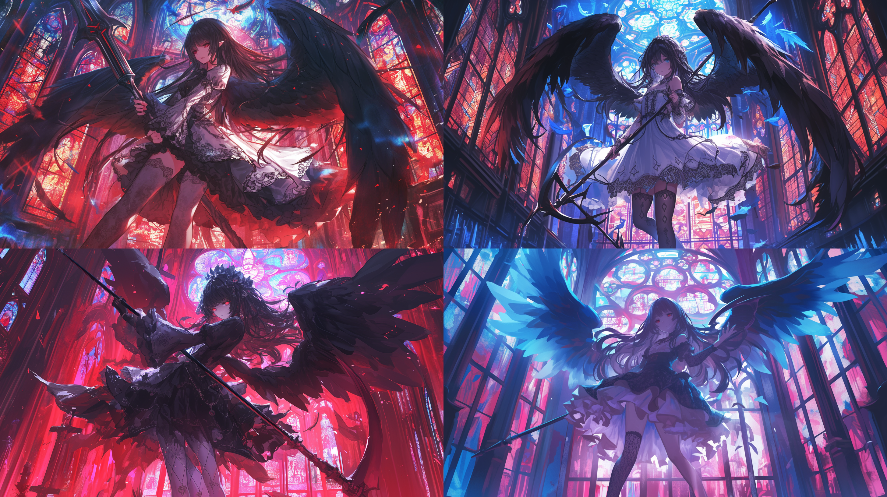 女堕天使手持镰刀，黑色的羽翼，身着蕾丝礼服和淡紫色花纹丝袜，站在教堂中，背景是红色调的彩绘玻璃。她拥有邪恶的气息，黑色长发随风飘扬。