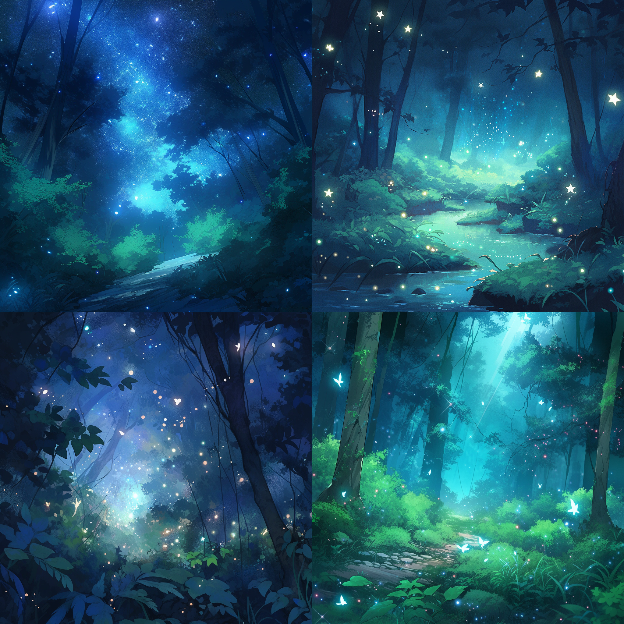 神秘森林，宇宙连结，神秘氛围，绿色植被，星空背景，长焦镜头，柔和侧光，静态场景，神秘色调，探索，宁静。