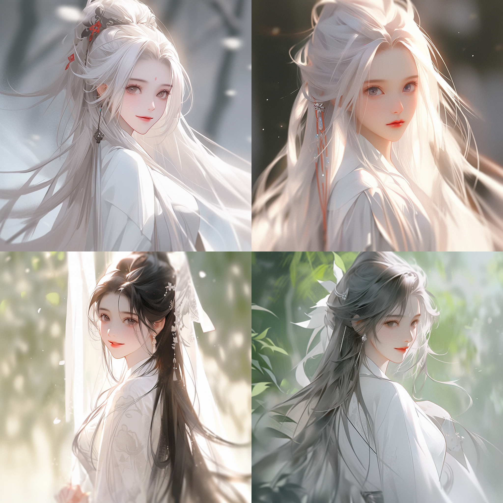 国风女孩，白色直长发，大长腿，白色服饰，古装汉服，微笑，大眼睛，中国风，竖构图，柔和光线，长焦镜头，优雅动作，传统元素，柔和色调，宁静，优雅。