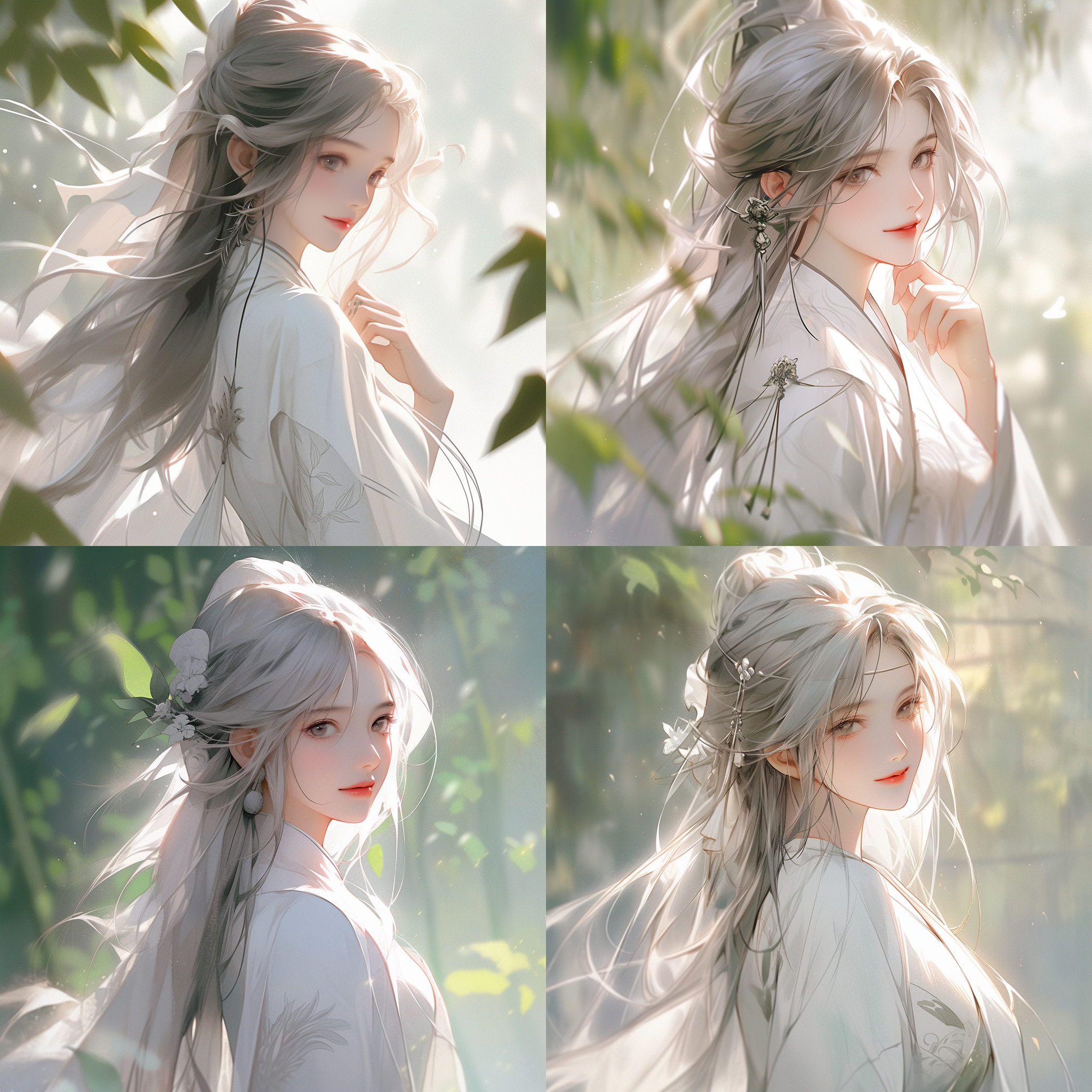 国风女孩，白色直长发，大长腿，白色服饰，古装汉服，微笑，大眼睛，中国风，竖构图，柔和光线，长焦镜头，优雅动作，传统元素，柔和色调，宁静，优雅。