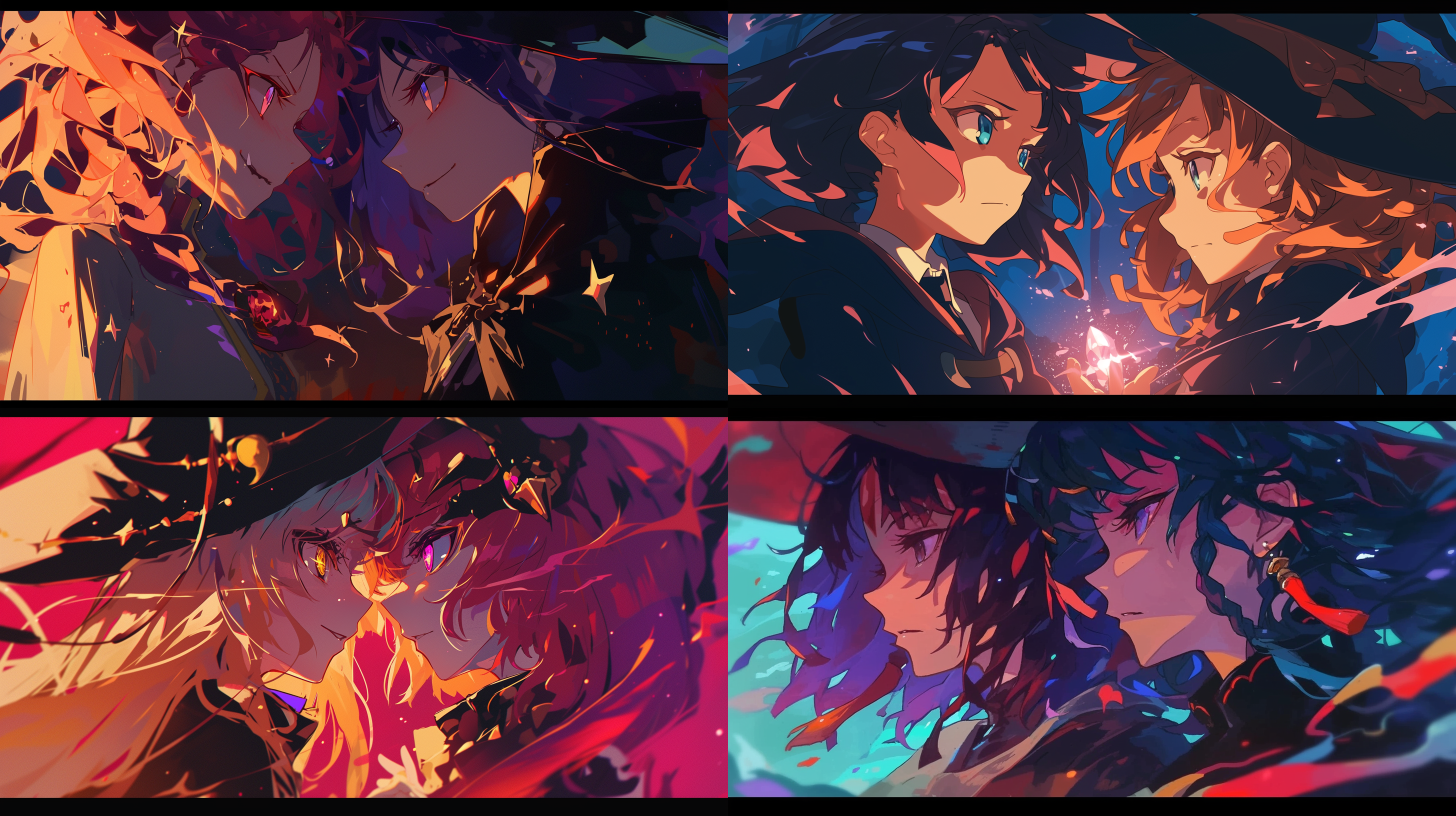 两个魔女面对命运，二次元风格，神秘暗调，虚拟背景，宽幅构图，中焦镜头，侧光，悬念，英雄主义，色彩丰富，冒险，希望。