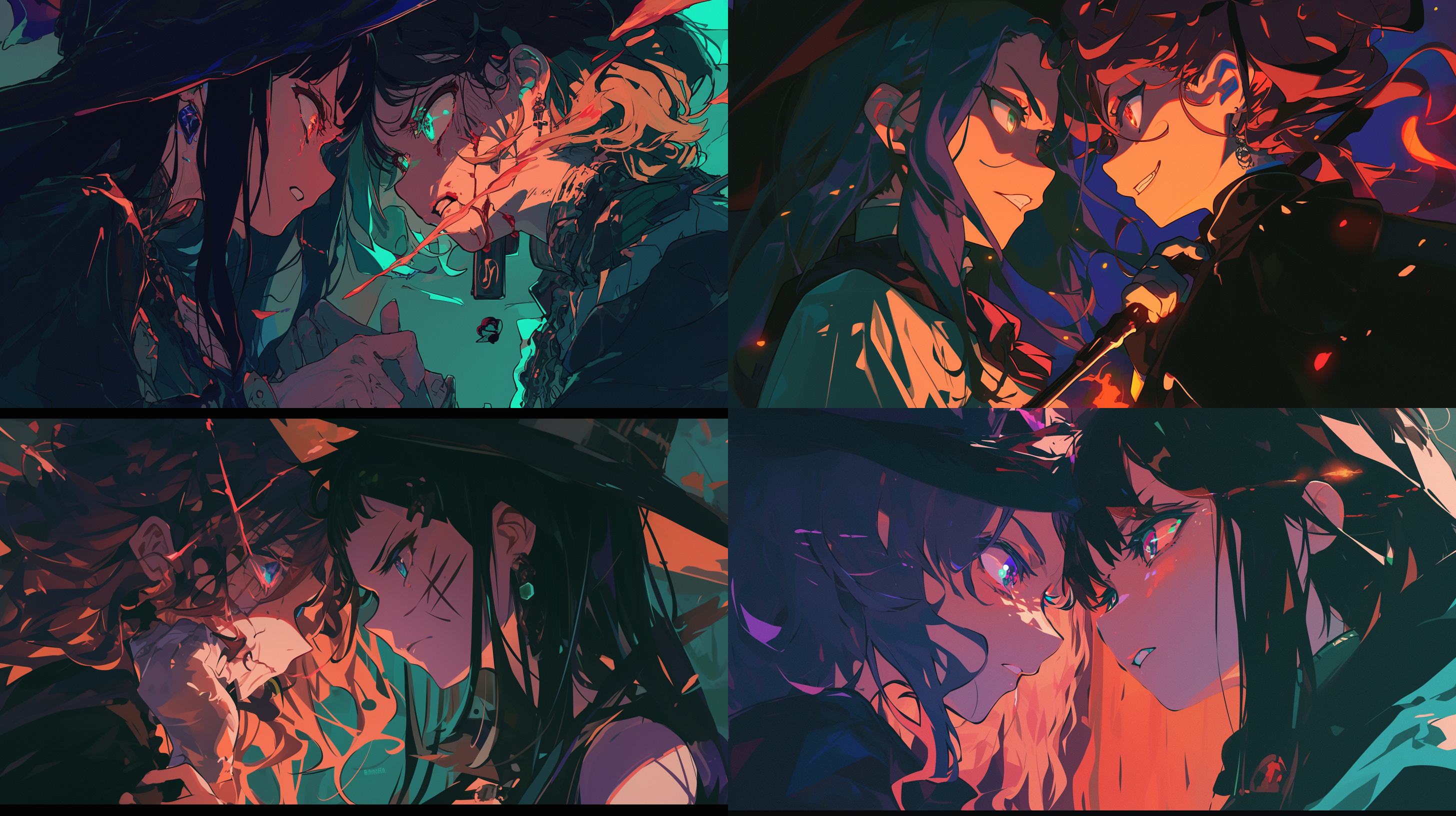 两个魔女面对命运，二次元风格，神秘暗调，虚拟背景，宽幅构图，中焦镜头，侧光，悬念，英雄主义，色彩丰富，冒险，希望。