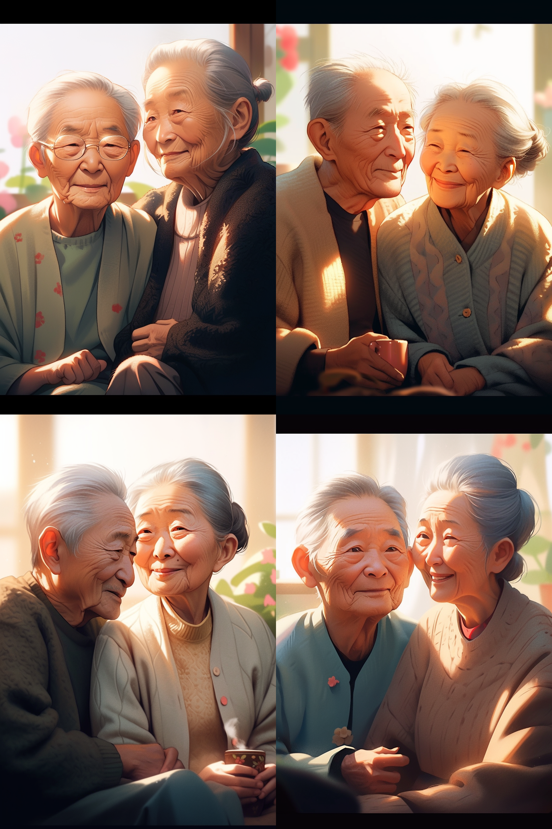 老夫妻坐在沙发上，卡通风格，室内场景，温馨，色彩丰富，中焦镜头，柔和侧光，静态，微笑，幸福。