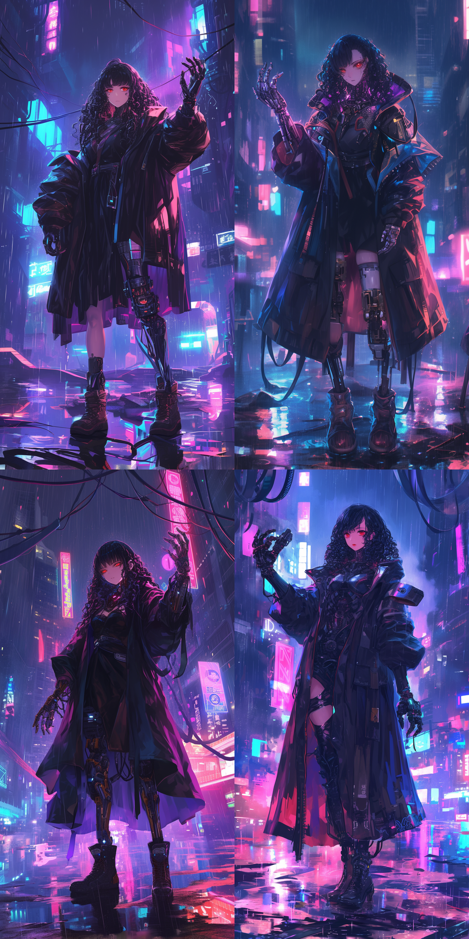 黑色卷发红色瞳孔的女生，左手是机械手，左眼是机械眼睛，，身穿黑色长袍，脚穿长筒靴。赛博朋克风格，雨夜，霓虹灯，脚下水洼反射，人物站姿，全身特写，4k，细节丰富