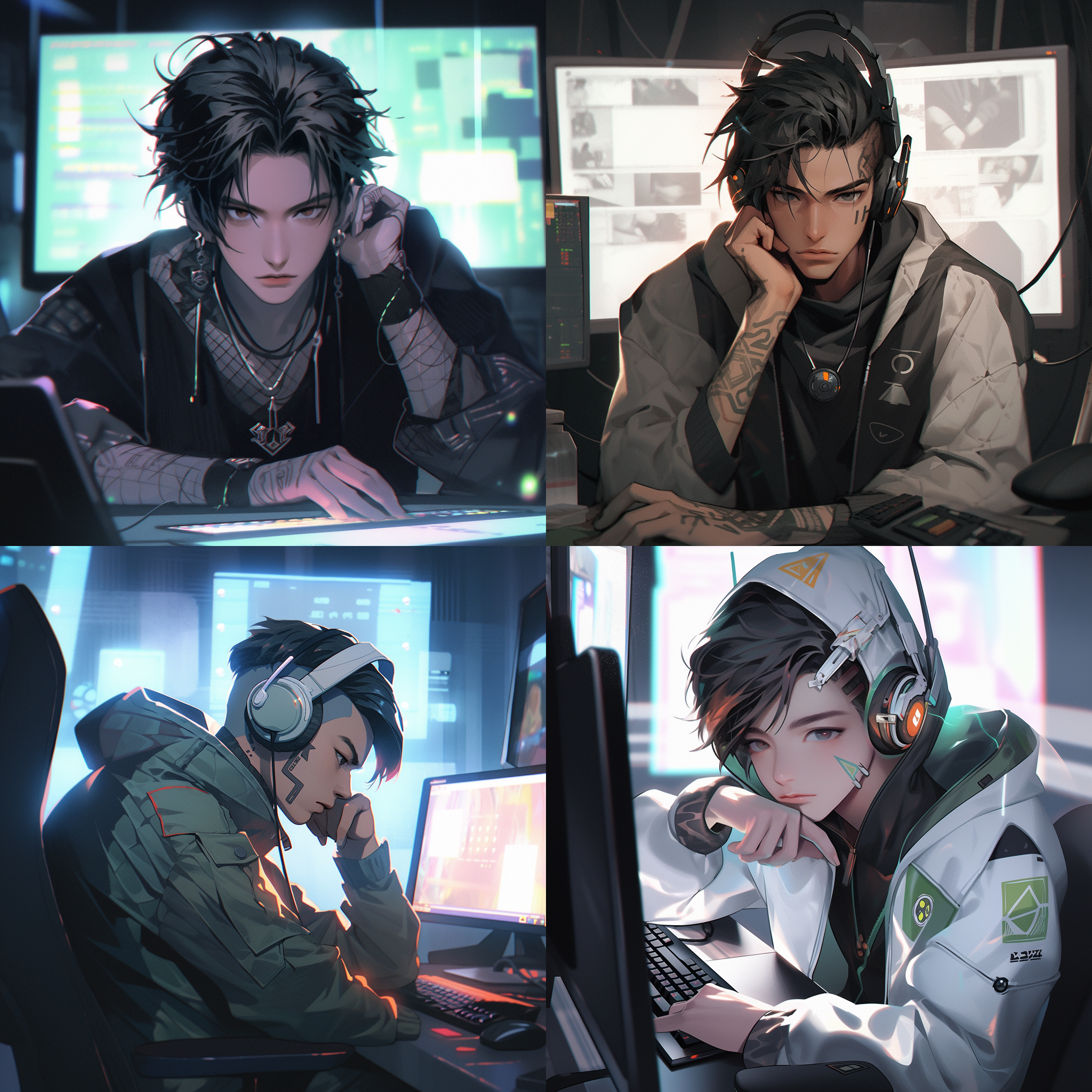chinese boy, graphic designer, sit in front of the computer, a 3d face, handsome, wearing a silver-bordered eye, he wears a stud ear in his left ear, a soft light, national style, cyberpunk, two-dimensional style