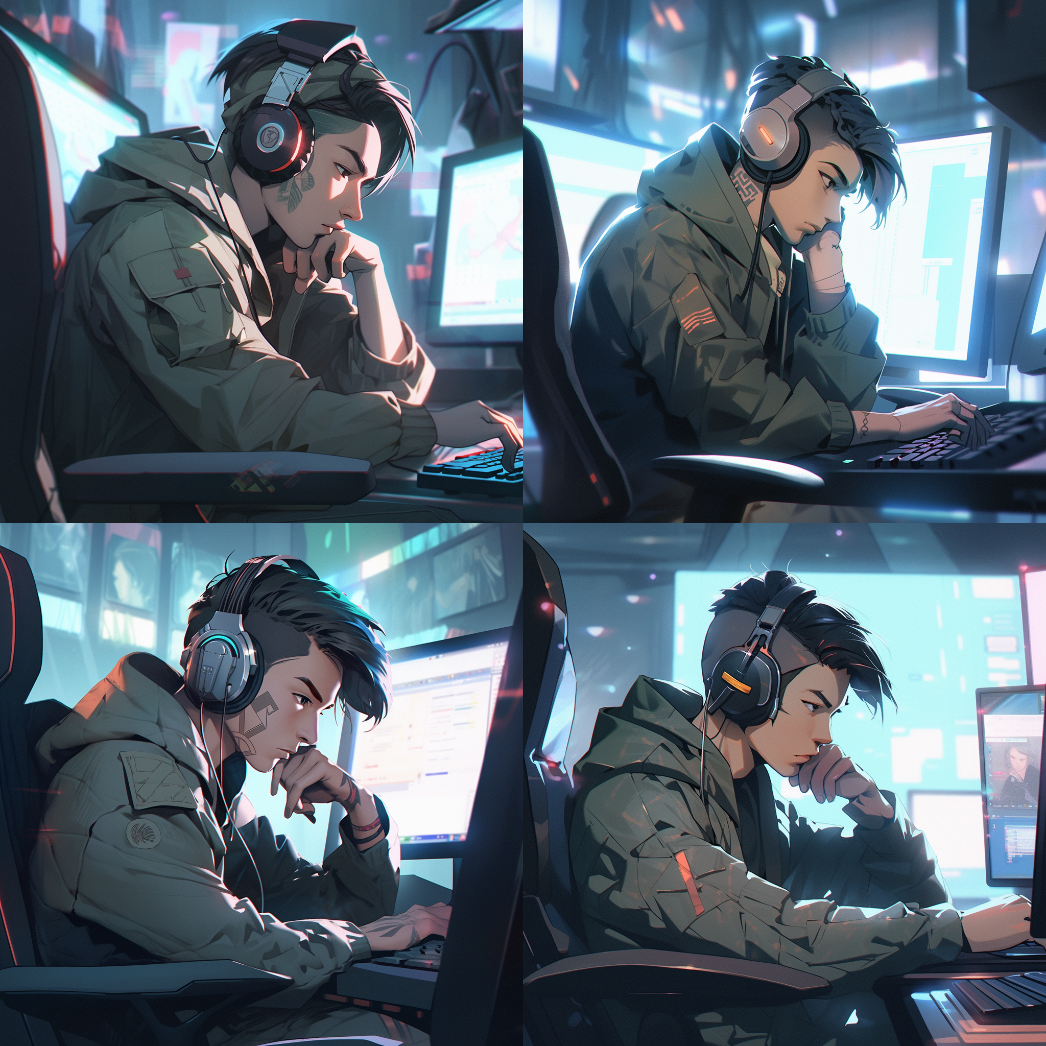 chinese boy, graphic designer, sit in front of the computer, a 3d face, handsome, wearing a silver-bordered eye, he wears a stud ear in his left ear, a soft light, national style, cyberpunk, two-dimensional style