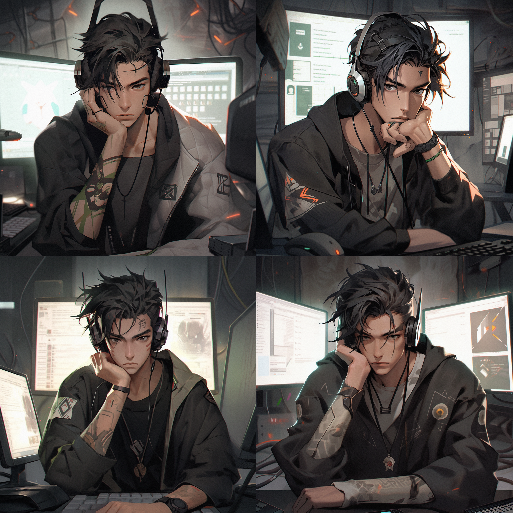 chinese boy, graphic designer, sit in front of the computer, a 3d face, handsome, wearing a silver-bordered eye, he wears a stud ear in his left ear, a soft light, national style, cyberpunk, two-dimensional style