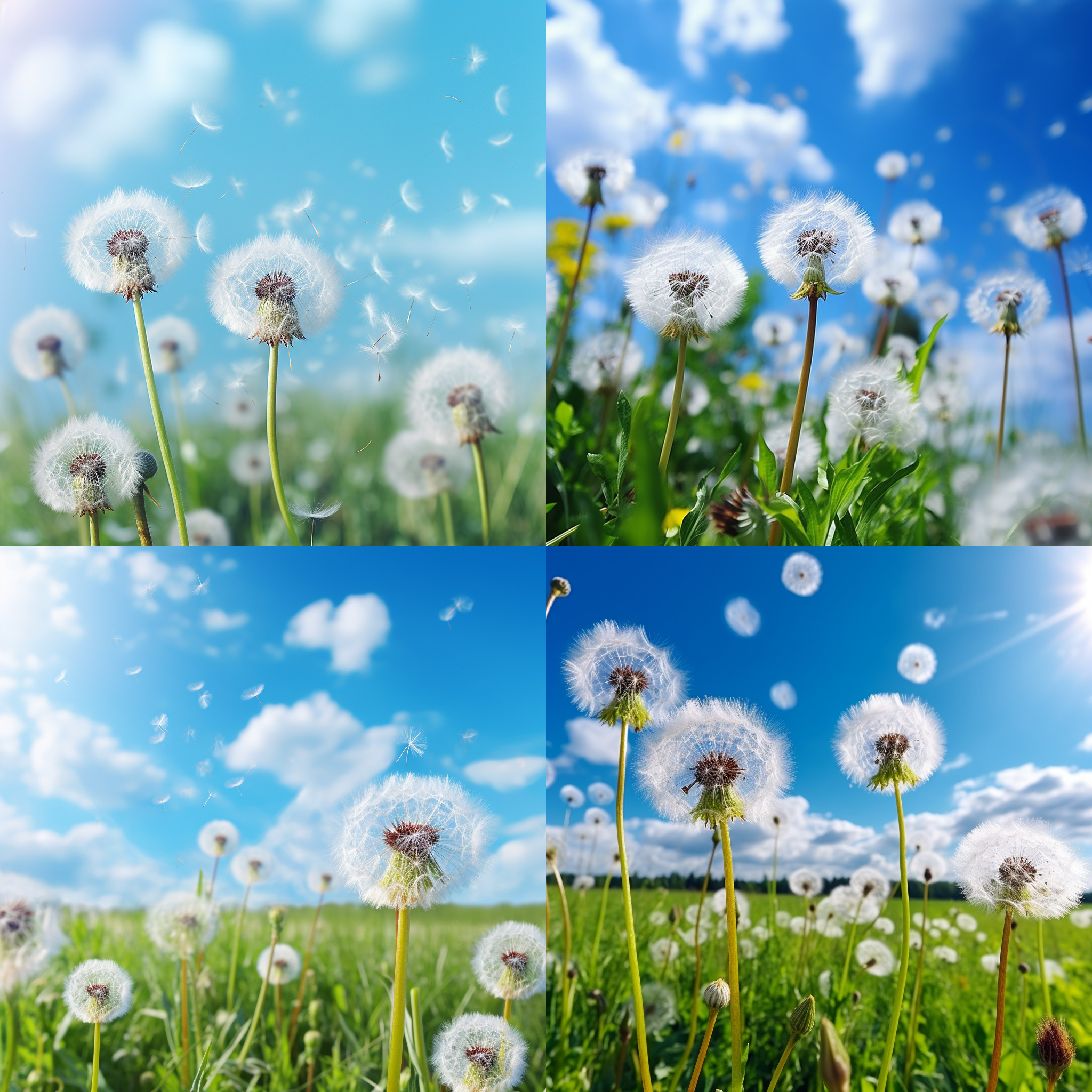 蒲公英飞舞，近景特写，蓝天白云，轻柔色调，微距镜头，自然光，飘动，清新。 全景 珐琅 镜头光晕 莫奈