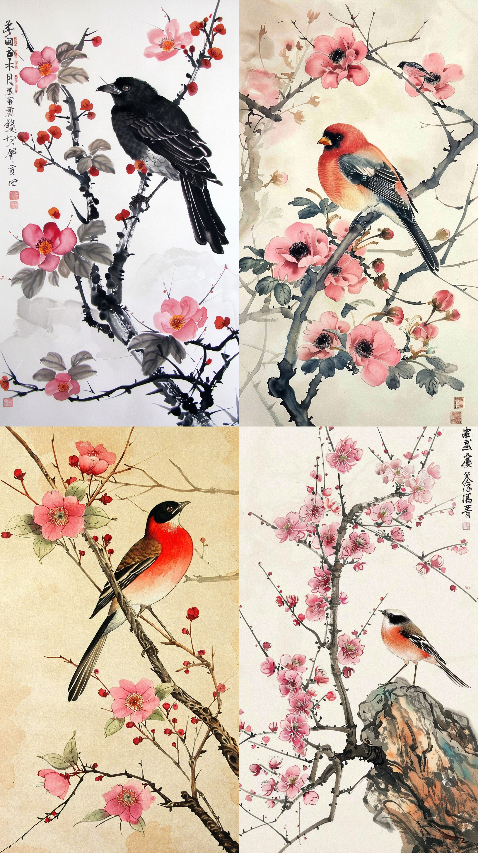 宋代花鸟画，精细描绘，清新淡雅，优雅古朴，传统主题，淡雅色调，植物元素，静谧情感。 水墨插画 中国水墨