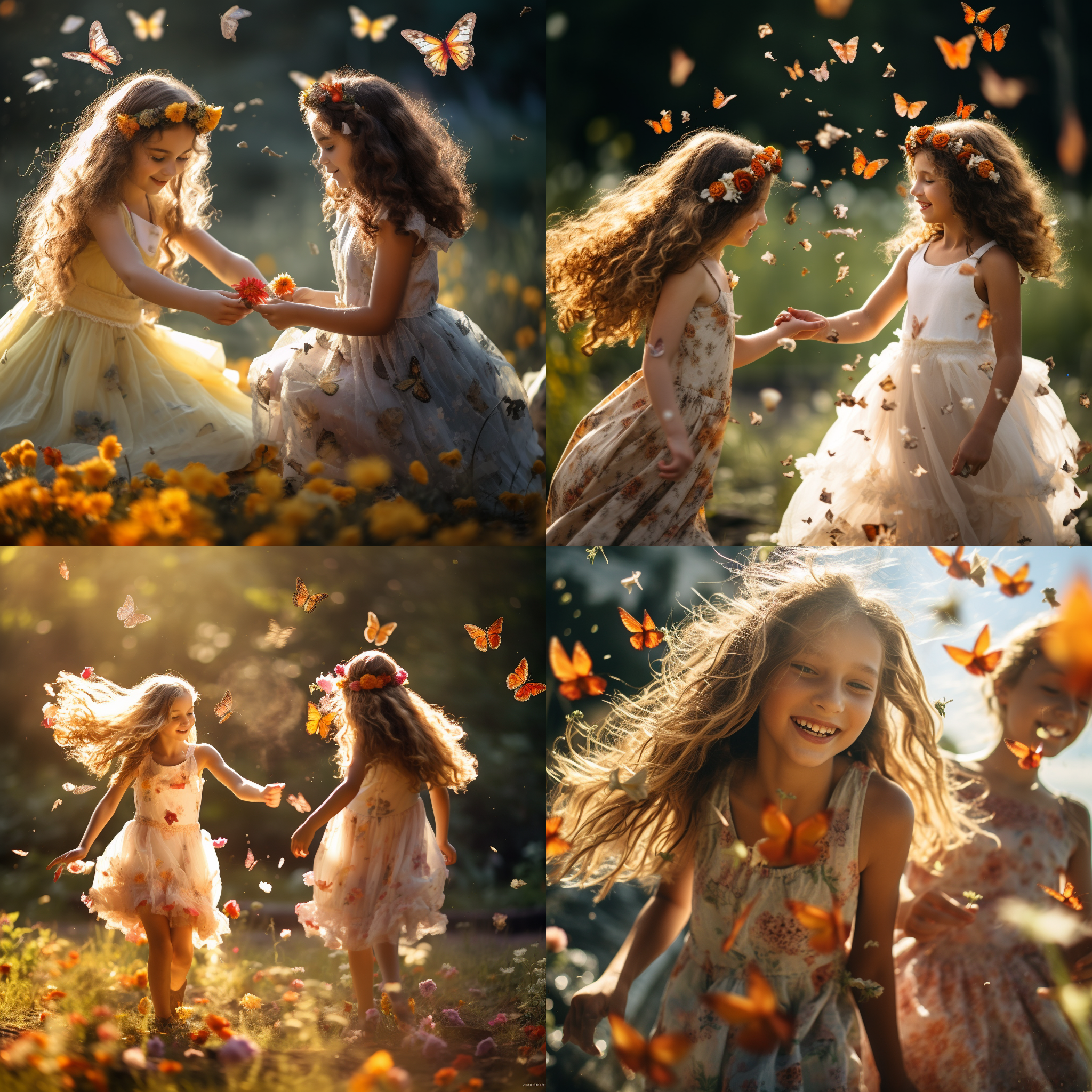 女孩与蝴蝶起舞，夏季花海，中景，多彩，童话风格，柔光，长焦镜头，自然动作，缤纷色彩，欢快，梦幻。