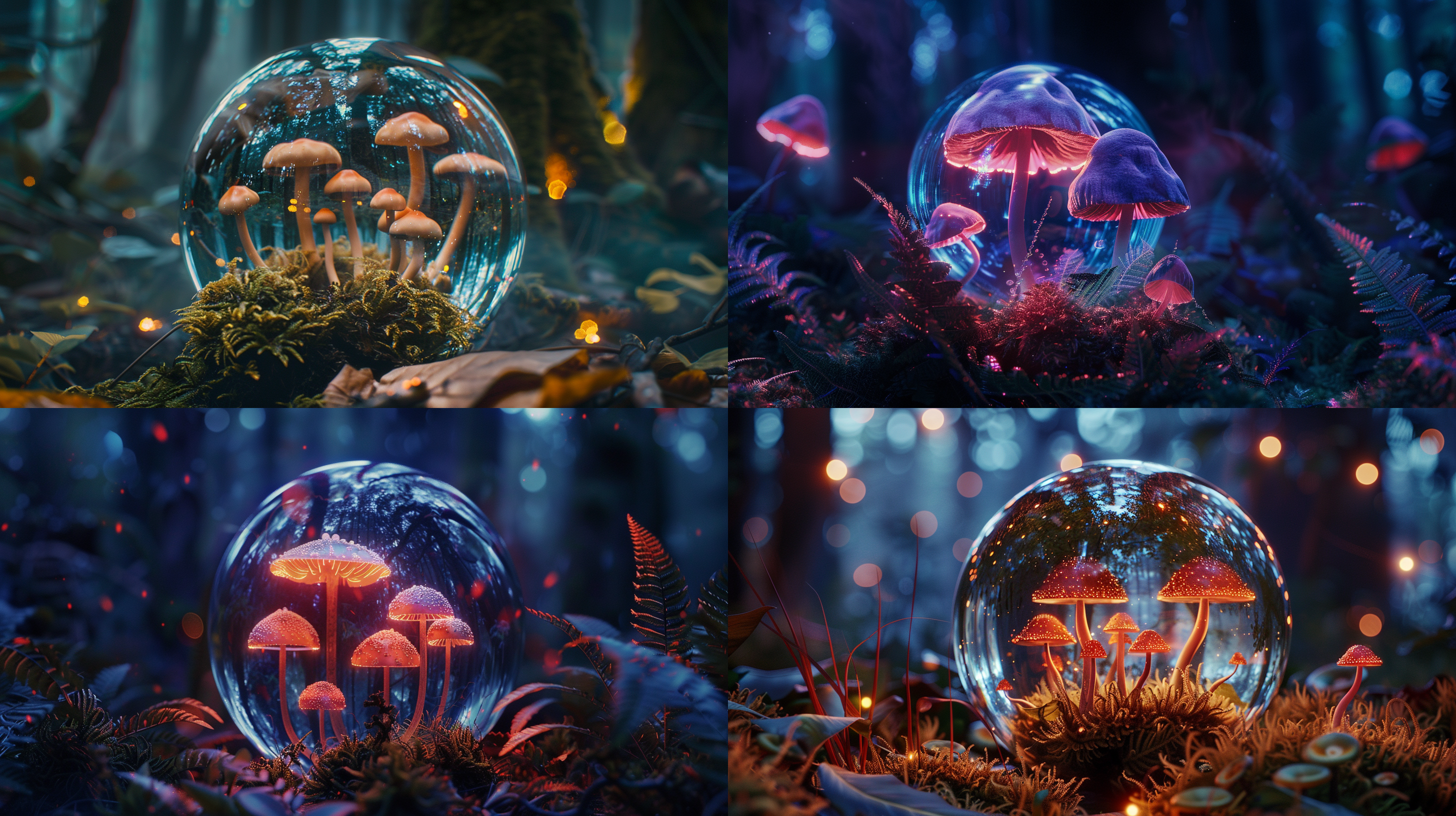 逼真8k清晰光泽玻璃球中含有神奇发光霓虹魔法蘑菇，在阴暗沉郁森林中，细节丰富，神秘色调，微距镜头，环境光，微光效果，静态，神秘。