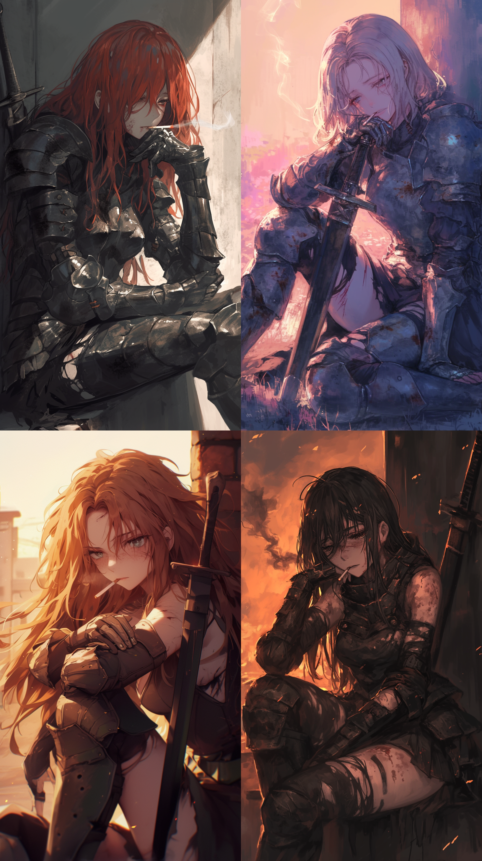 雀斑女骑士抽着烟，眼神涣散，坐姿随意，盔甲破烂，伤痕累累，脸上有伤痕，靠着墙壁，黄昏，长焦镜头，忧伤，日本动漫画风，4k画质