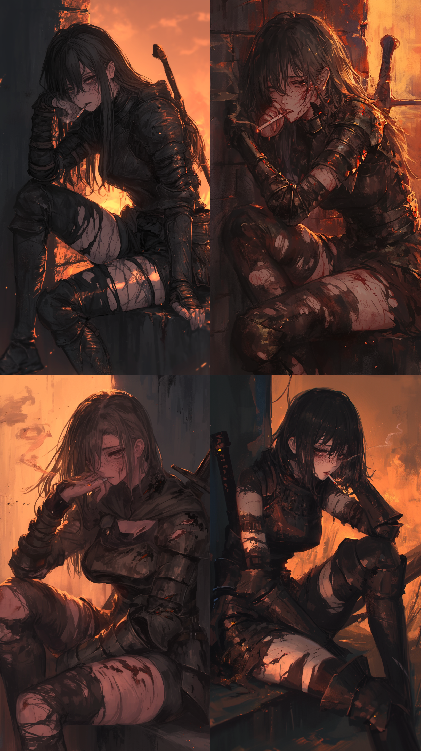 雀斑女骑士抽着烟，眼神涣散，坐姿随意，盔甲破烂，伤痕累累，脸上有伤痕，靠着墙壁，黄昏，长焦镜头，忧伤，日本动漫画风，4k画质