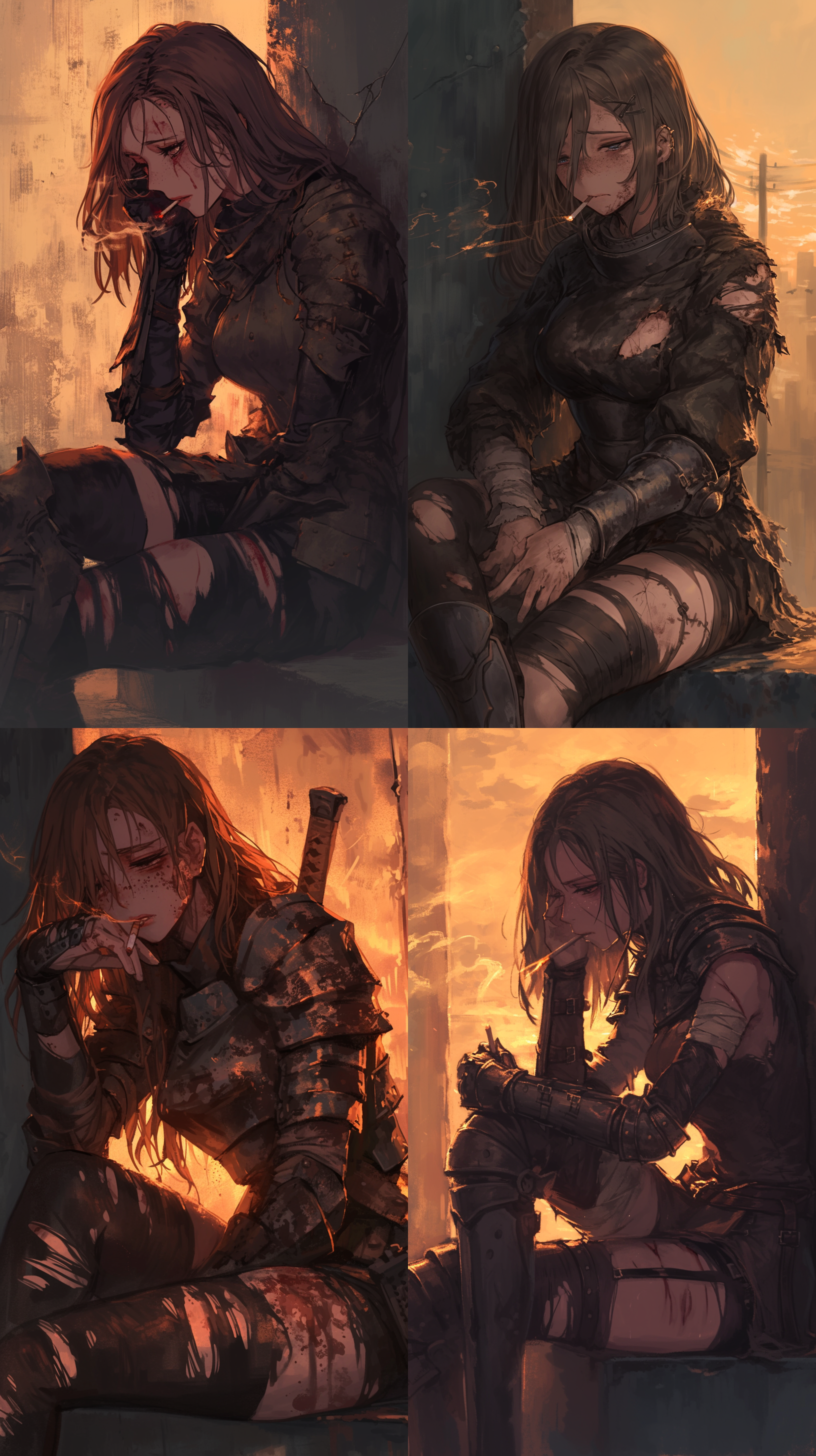 雀斑女骑士抽着烟，眼神涣散，坐姿随意，盔甲破烂，伤痕累累，脸上有伤痕，靠着墙壁，黄昏，长焦镜头，忧伤，日本动漫画风，4k画质