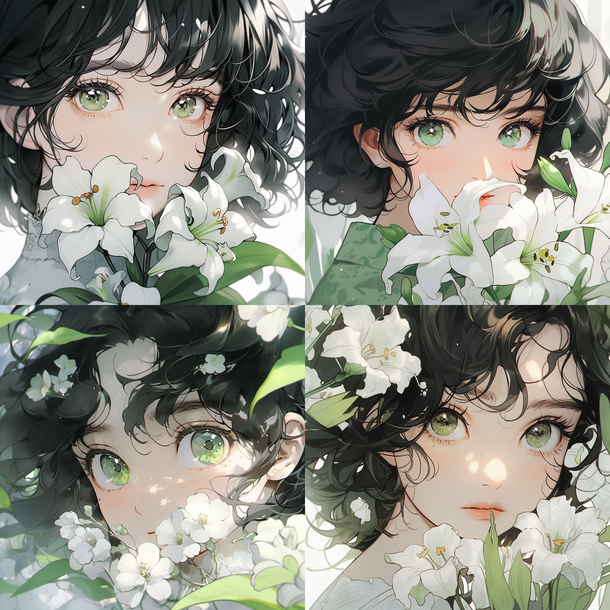 线条插画,近景,白色花边圆领,黑色卷发bob,haircut,水汪汪的大眼睛,皮肤光滑细腻,holding,green,flowers,in,her,hand,toshield,on,eye,绿色,上半身特写,正面中心构图,全景模糊,32k,uhd,正确的人体解剖学,人体躯干学。张家界,莫奈油画