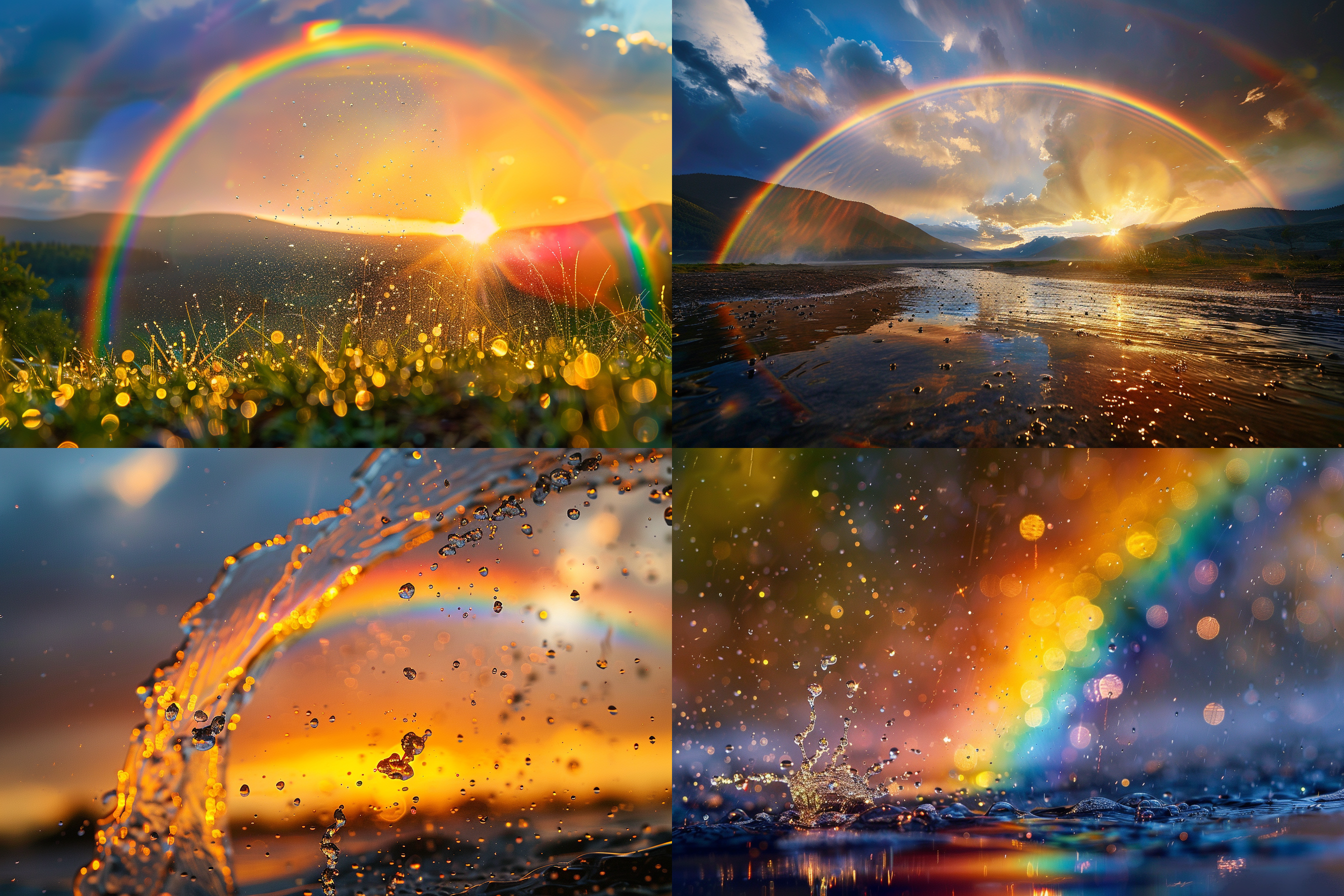 朝阳下的彩虹，山谷中，弧形构图，自然光，大光圈，绚丽色彩，水滴飞溅，和谐平静。