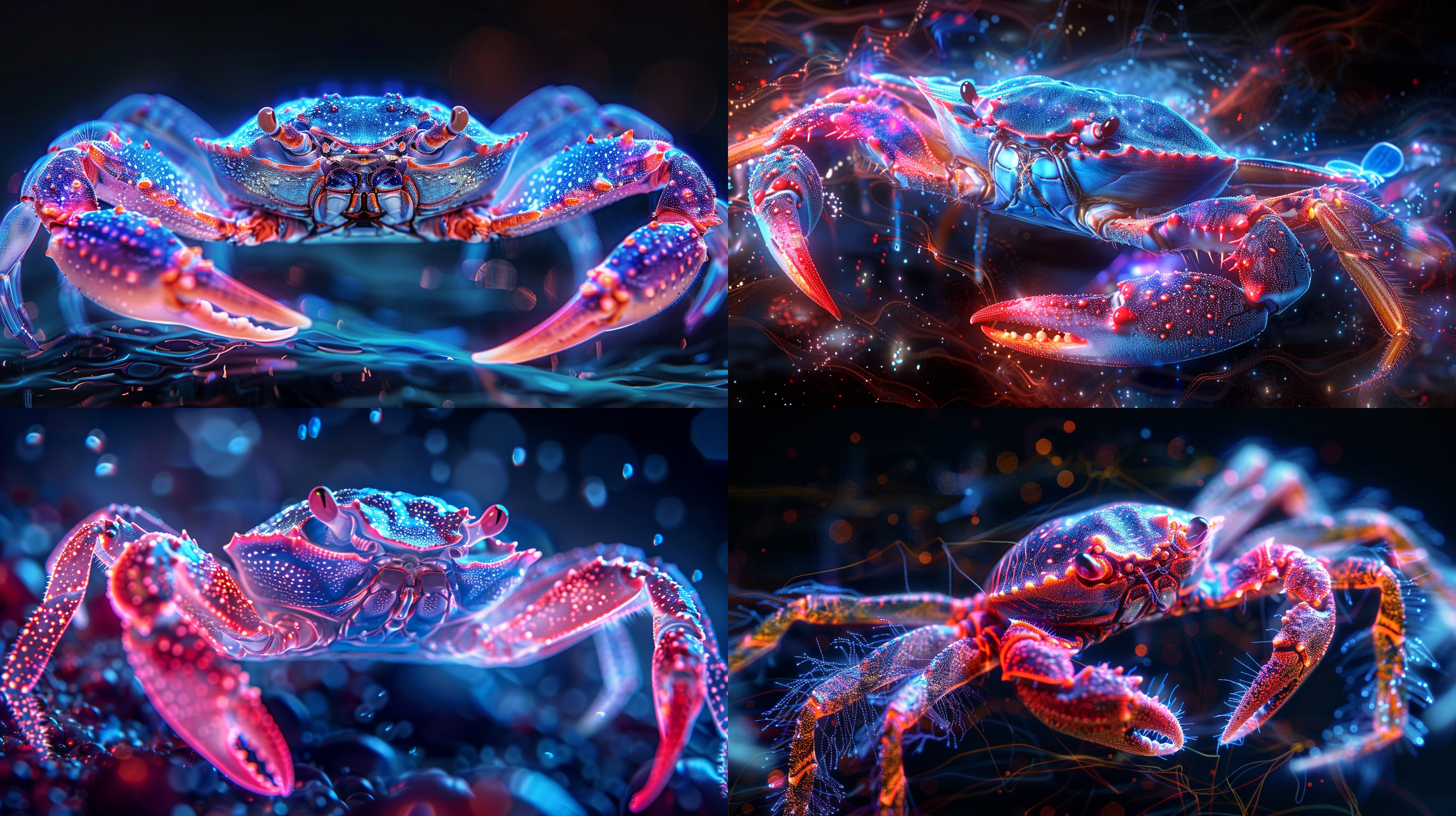 半透明螃蟹，细致线条构成，发光点缀，数字化外观，逼真外观，抽象光线拉丝网络，高亮度，数码风格，光影效果，蓝红色调，神秘感