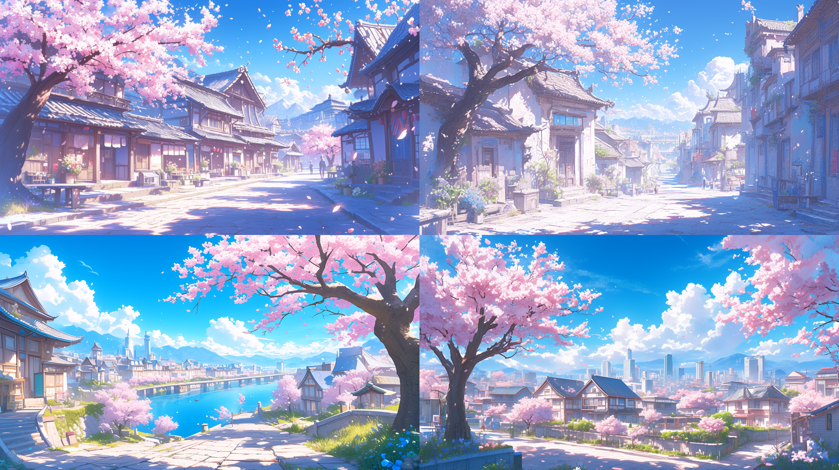 桃花盛开的未来小镇，石板路飘扬着樱花，民居静静地立在一旁。清新色调，细腻质感，大光圈，广角度，动态景象，宁静祥和。