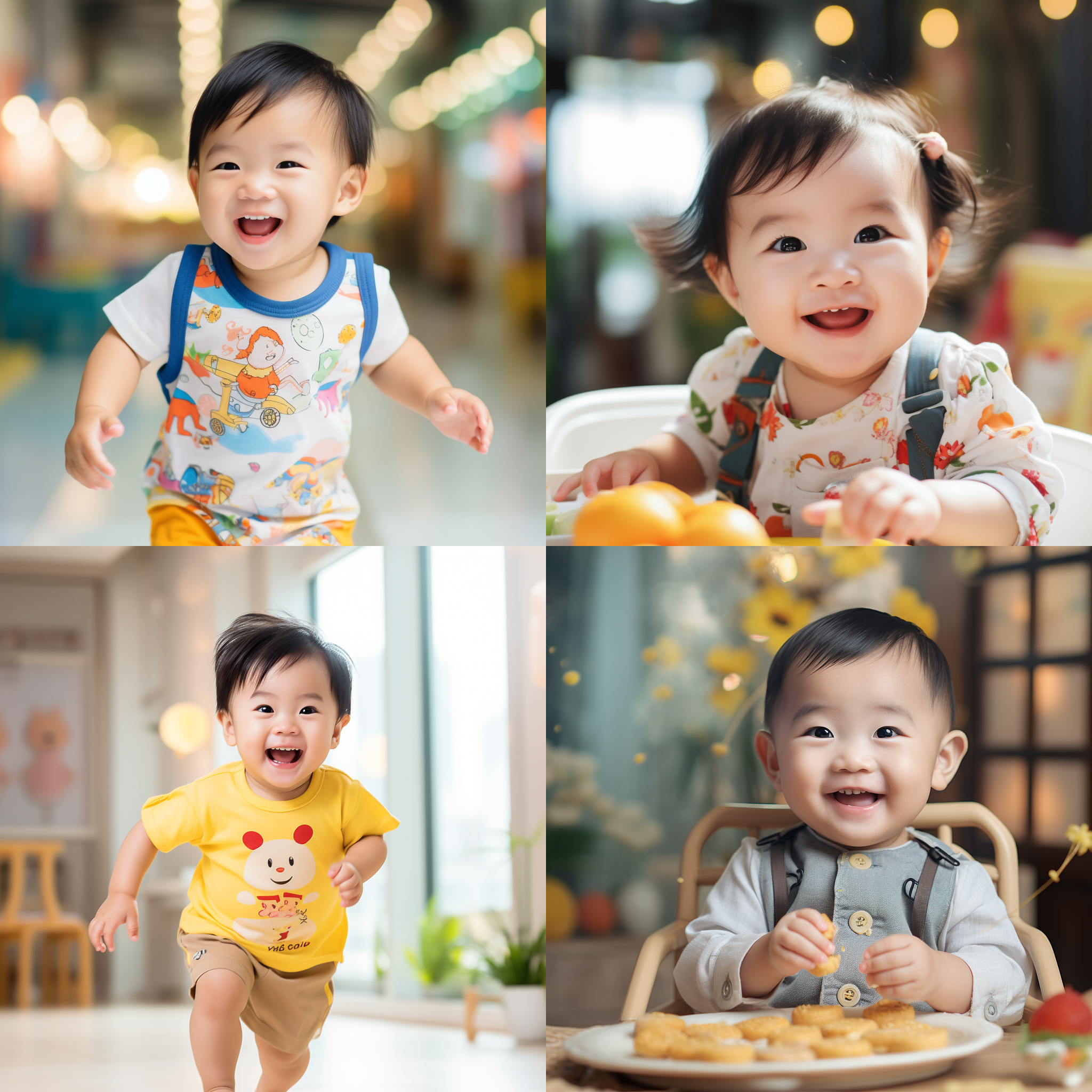 婴幼儿集体照护，17-18个月，中国儿童，活泼可爱，穿着舒适衣物，笑容灿烂，室内环境，中焦镜头，自然光，温馨色调，跑跳，用勺进食，快乐。