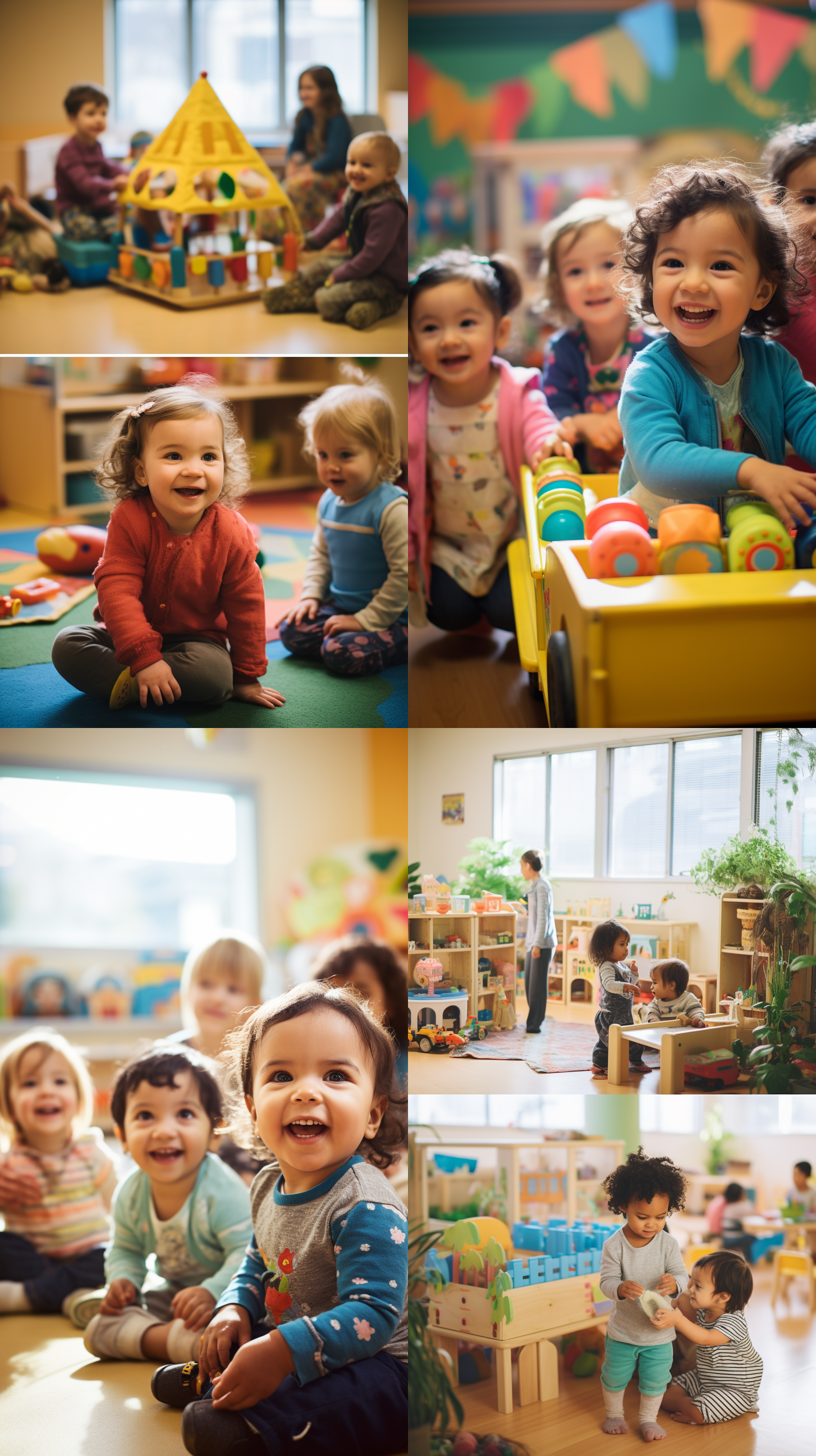 婴幼儿托育中心生活，多儿童玩耍，室内环境，柔和色调，中焦镜头，自然光，表情丰富，互动，快门捕捉，童真快乐。