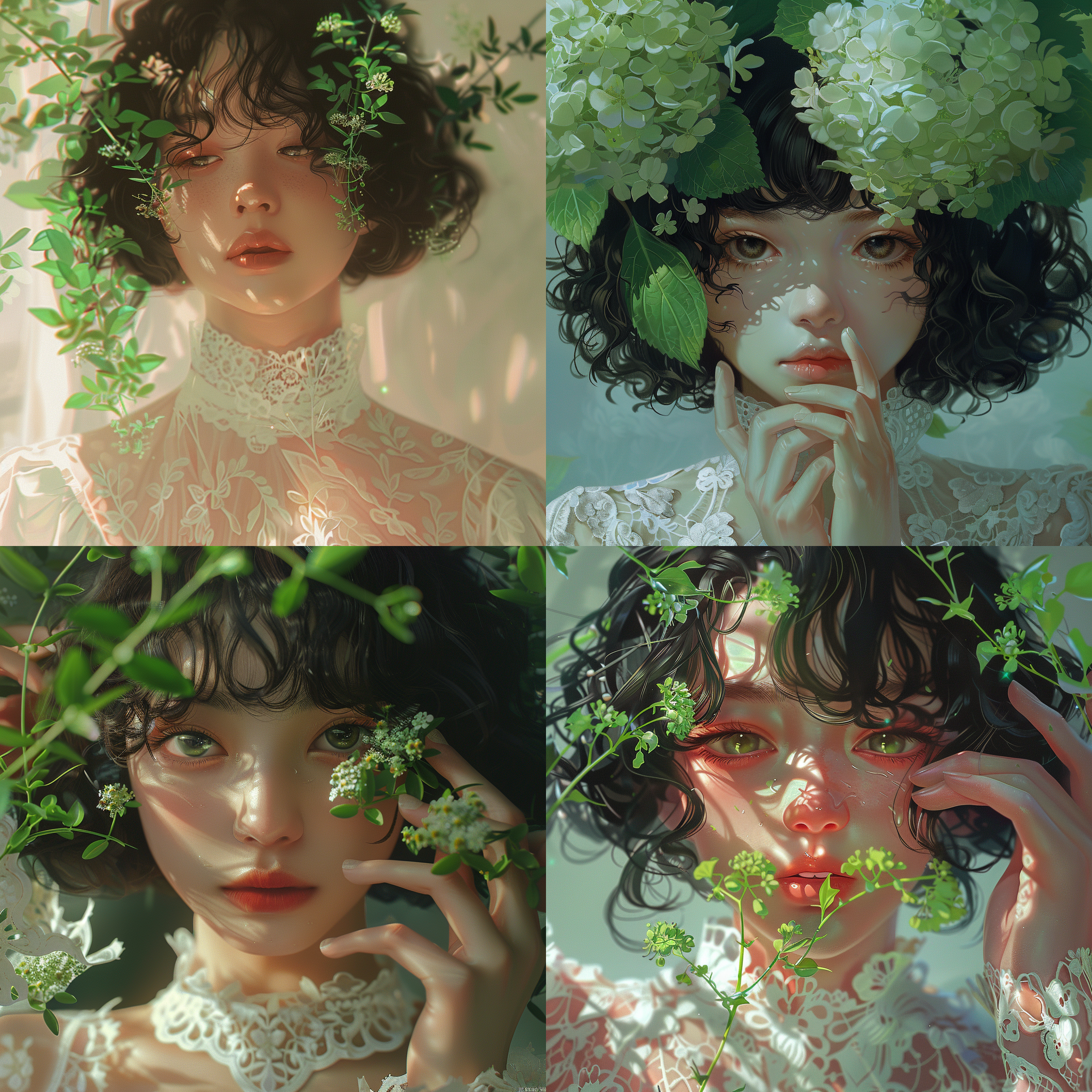 插画风格，近景特写，白色花边圆领，黑色卷发bob，水汪汪大眼睛，光滑皮肤，手持绿色花朵，遮住眼睛，张家界背景，莫奈油画风格，全景32k uhd，正确人体解剖学，人体躯干学，暖色调，柔和光线。