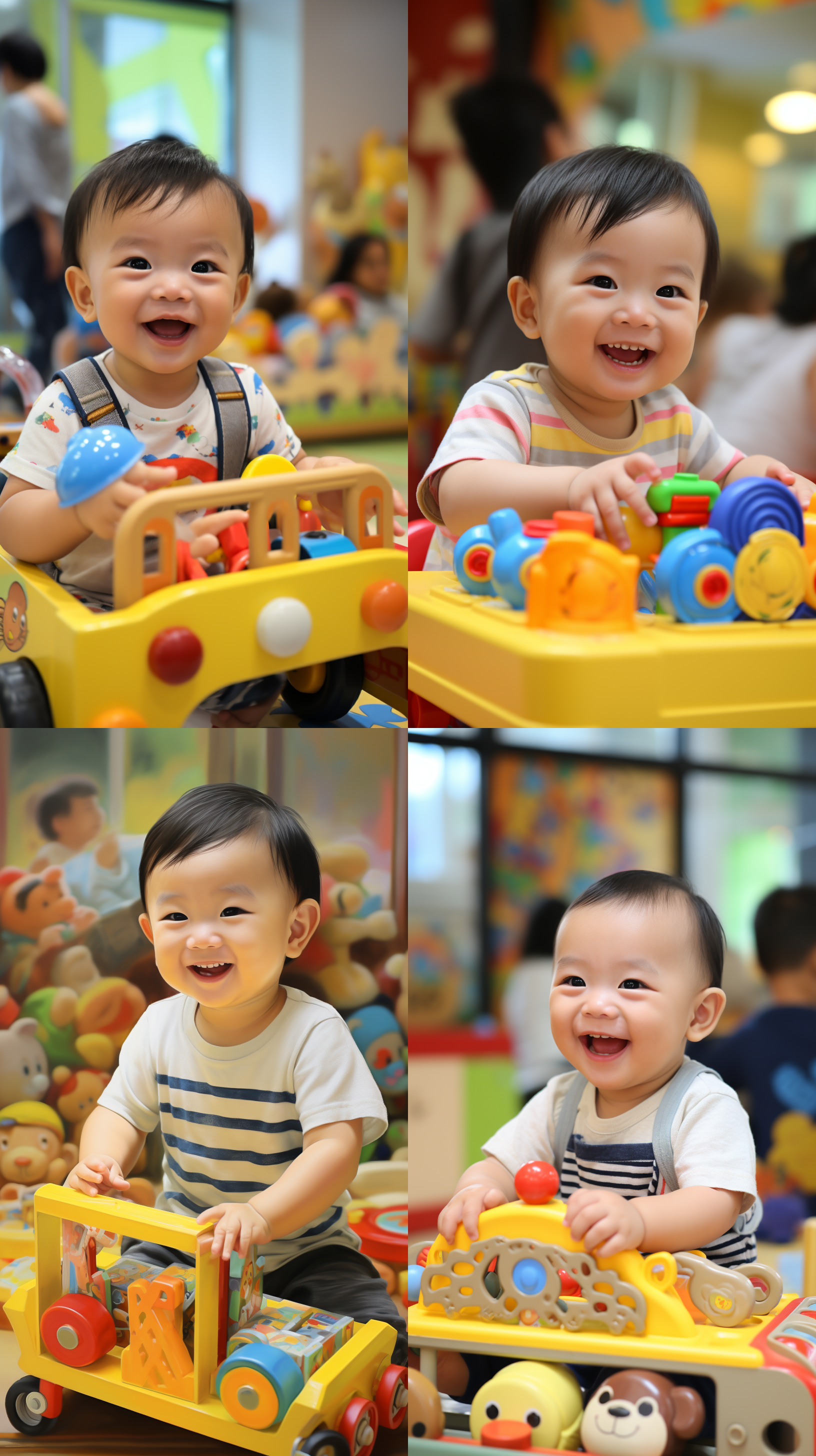 17～18个月的婴幼儿，中国儿童，突出这个月龄的特点，例如喜欢收集玩具，会跑几步，跟着音乐跳一跳，有点小情绪，背景是在集体照护的婴儿中心。