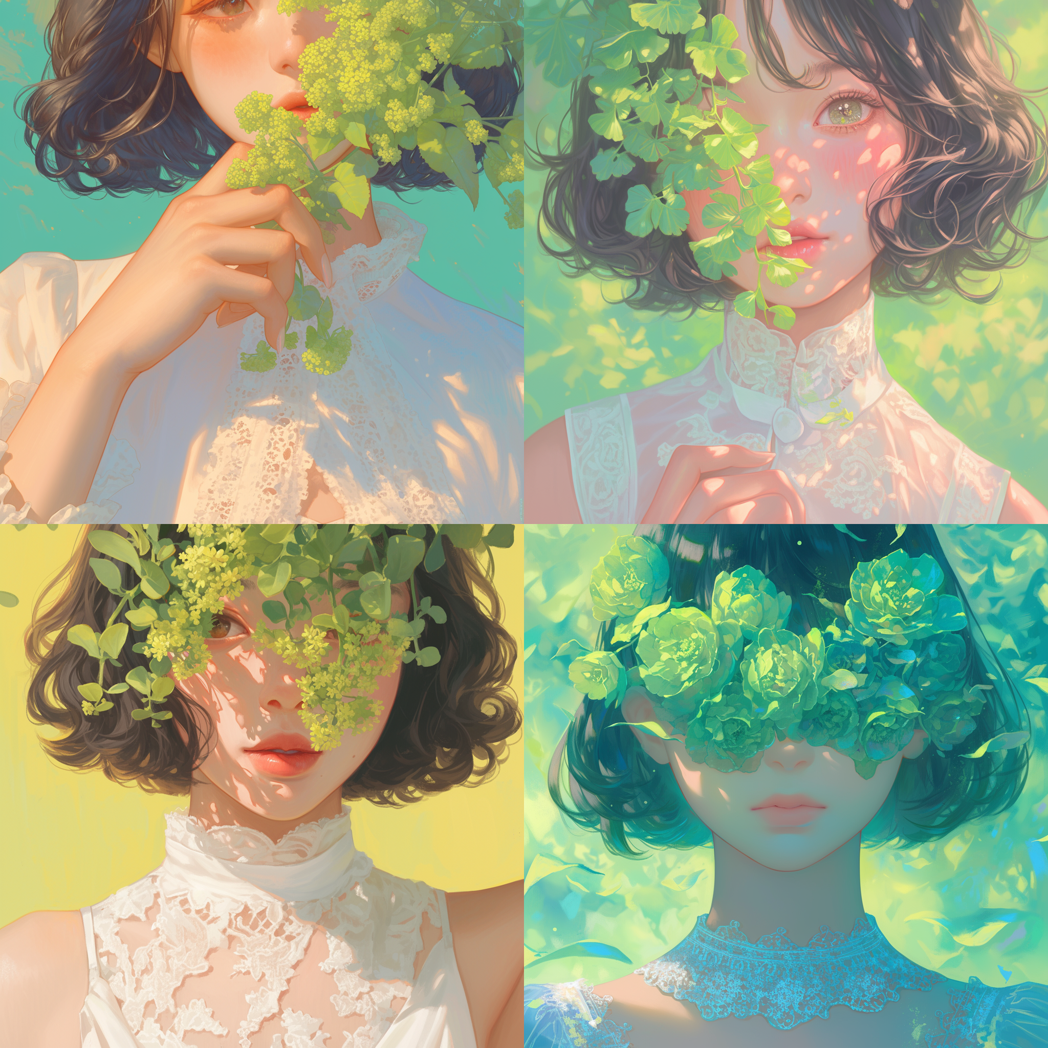 线条插画，近景，白色花边圆领，黑色卷发bob，水汪汪的大眼睛，皮肤光滑细腻，手里拿着绿色的花，用来遮挡眼睛，绿色，上半身特写，正面中心构图，全景模糊，32k，uhd，正确的人体解剖学，人体躯干学，张家界，莫奈油画，少年。