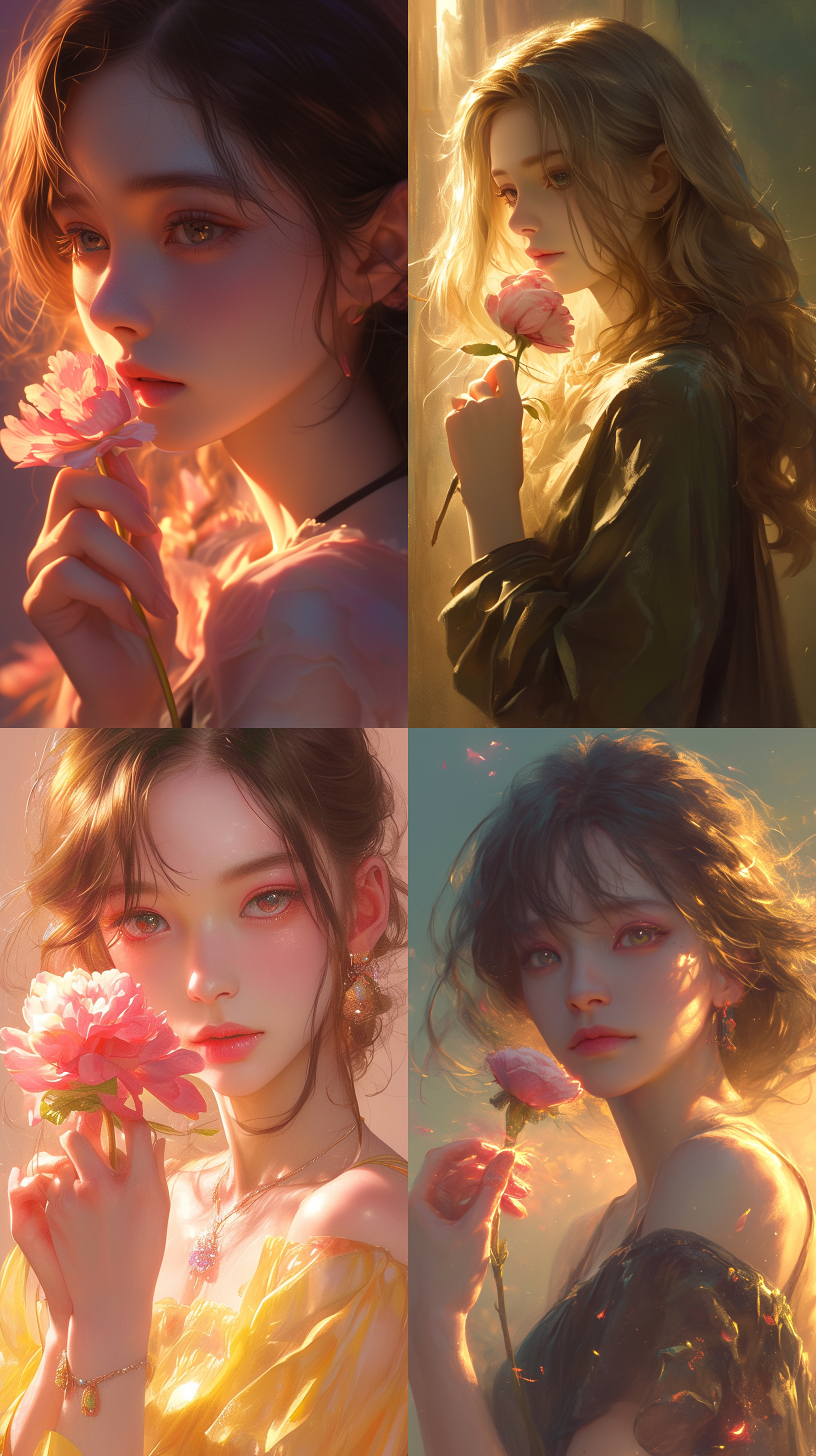 a woman holding a flower in her hand and looking at the camera with a pink flower in her hand, soft lighting, a photorealistic painting, ai-mitsu, fantasy art