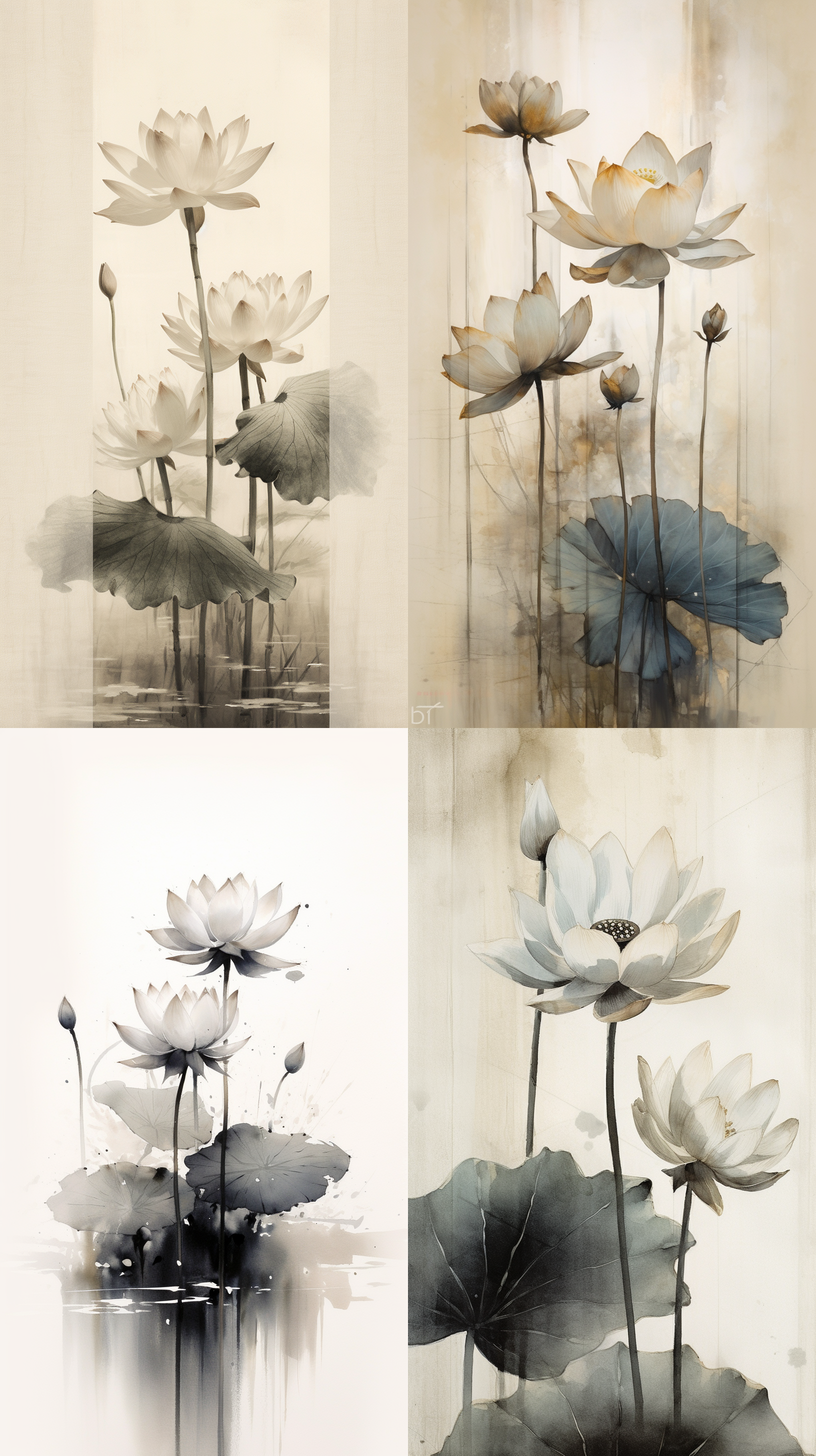 lotus flowers bloom, rendered in ink wash painting style, featuring a minimalist layout, a serene ambience, crisp details, sidelight backlighting, soft hues, delicate brushstrokes, graceful expansion, and an elegant and refined atmosphere.
