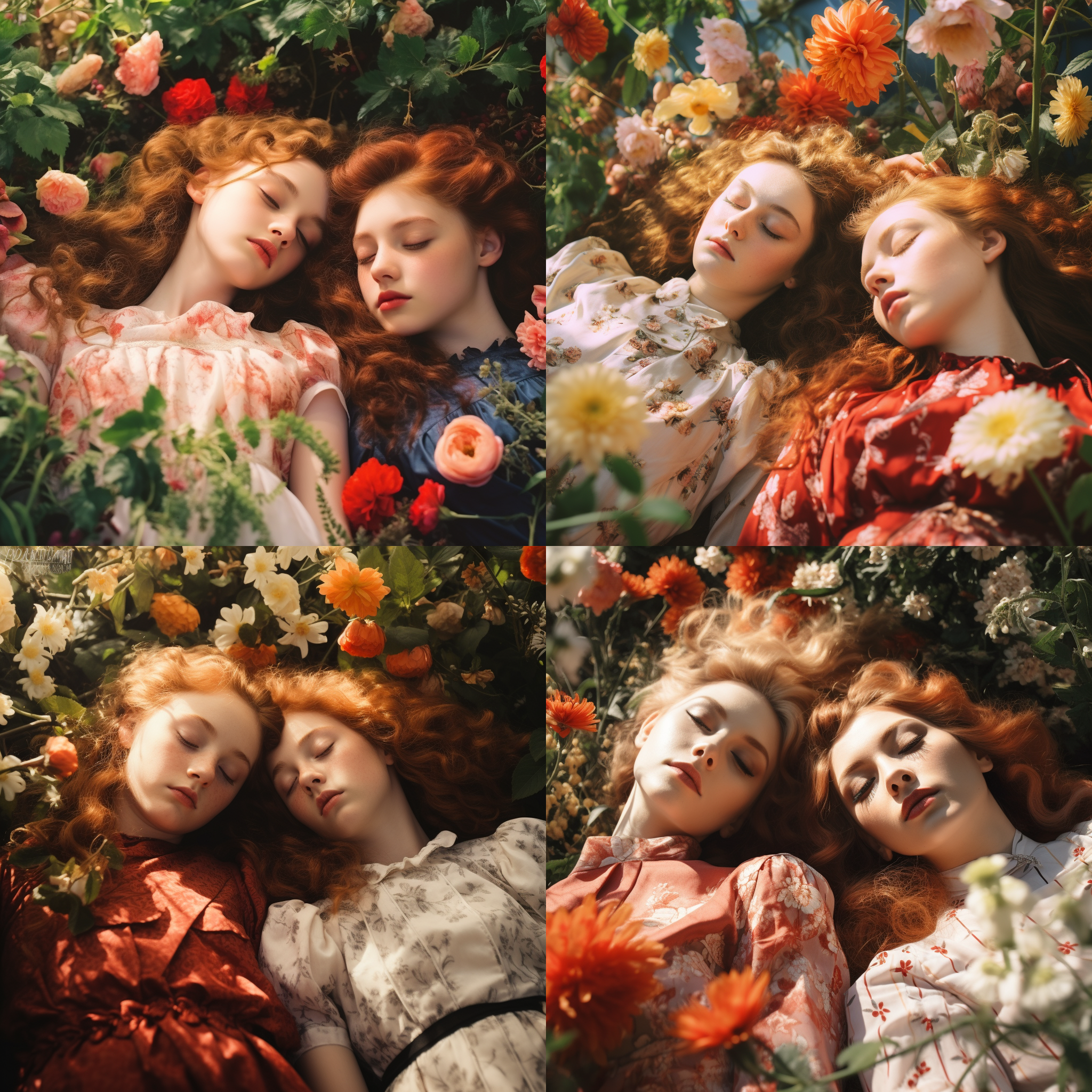 少女花丛午睡，中心构图，柔和光线，梦幻风格，大光圈，自然环境，温暖色调，放松，梦幻，春天气息。