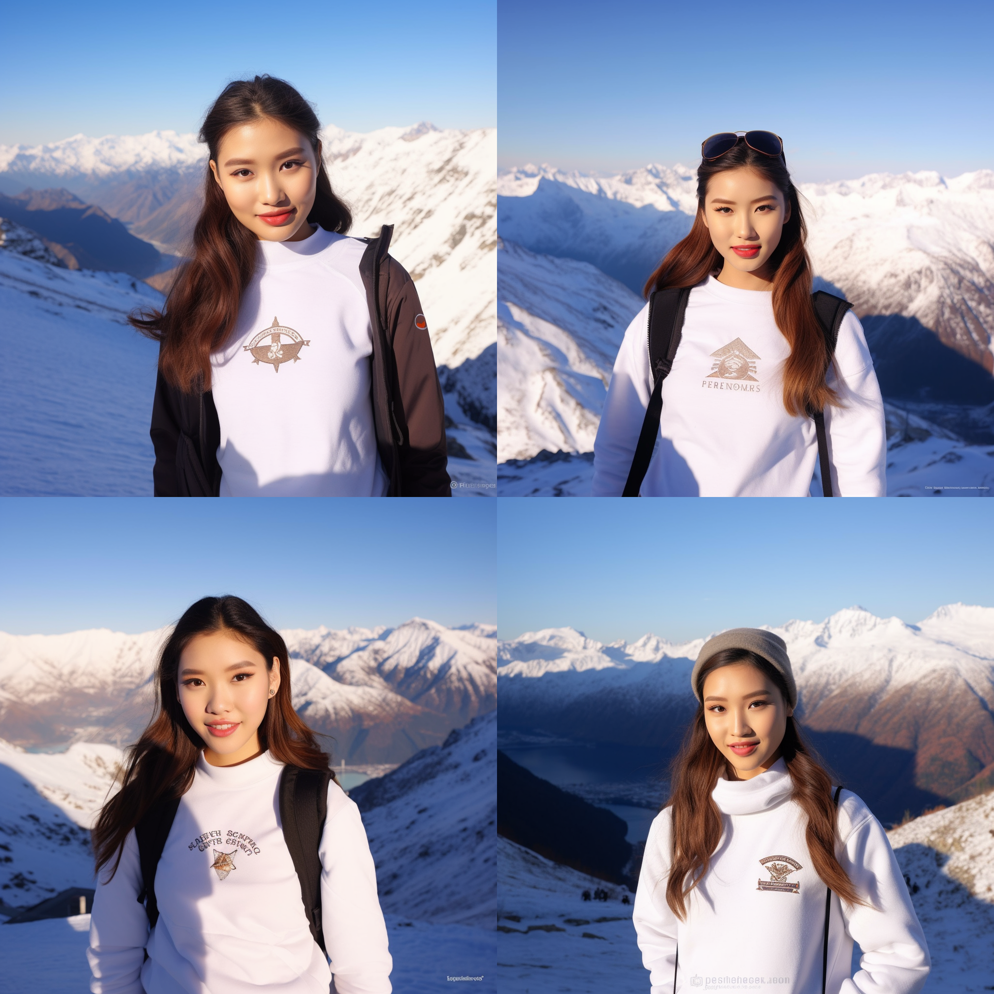 三个女同学穿着t恤登雪山，背景是壮丽的雪山风景，一人领头，表情坚定，其他两人紧随其后，展现坚韧和团结。广角镜头捕捉到广阔的雪山景色，清晰呈现细节。明亮的阳光照射在她们身上，突出了她们的勇气和冒险精神。挑战，勇气，团结，坚韧，广角镜头，阳光，明亮，雪山，t恤。