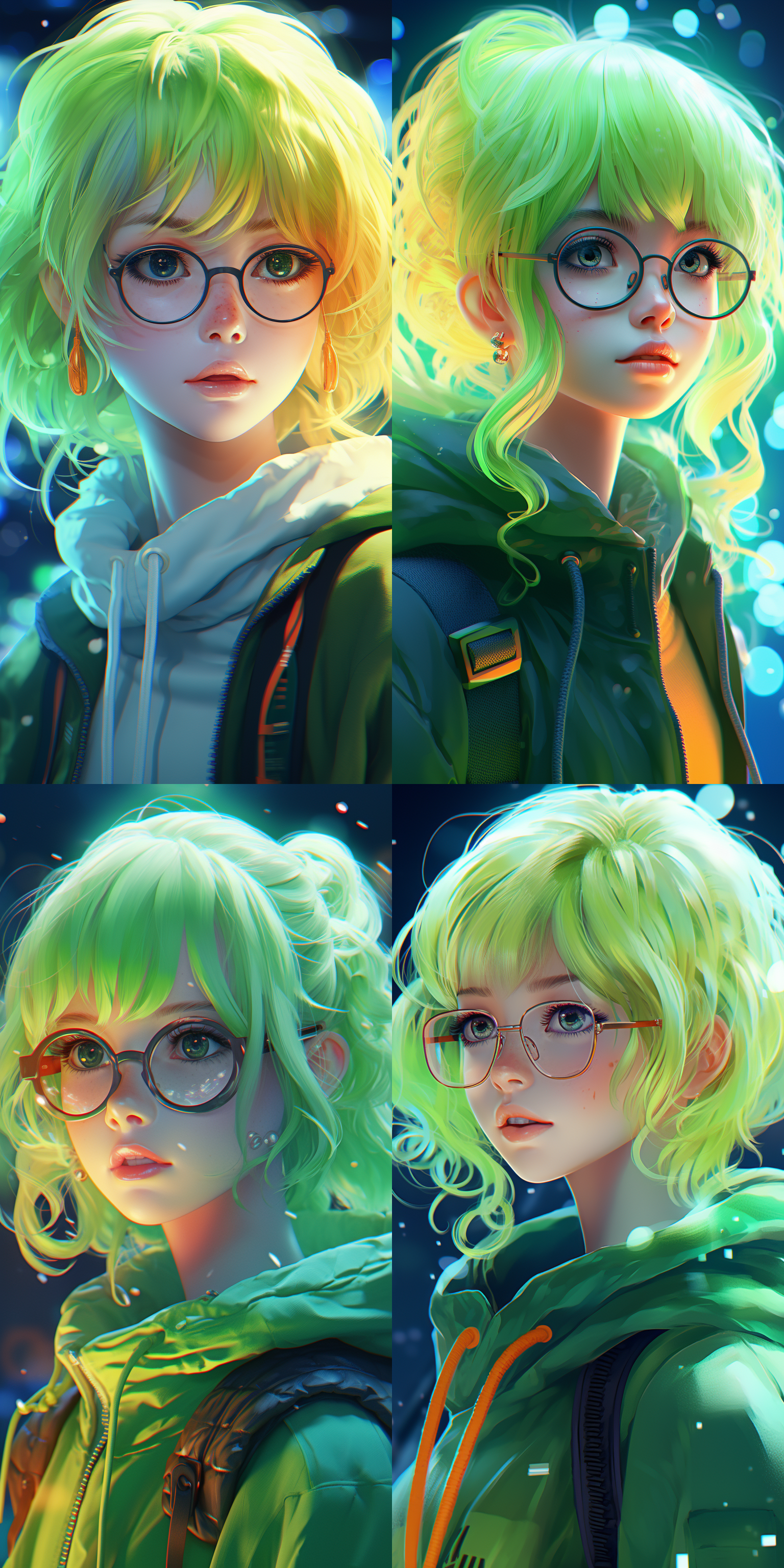 15 year old chinese girl from the 22nd century, fluorescent green hair, double ponytail, stylish glasses, takashi murakami style, featured on pixiv, trending on behance, studio ghibli, 3d, coordinated color scheme, octance render, blender render, front view, high quality